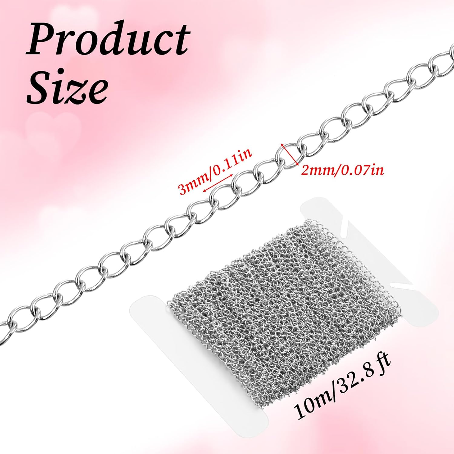 Silver Chain for Jewelry Making 2mm 33 Ft Chain Roll Curb Stainless Steel Necklace Chains Extenders for Women, Tarnish Resistant Stainless Steel Chains Necklace for Pendants Bracelet Making DIY Craft - Image 2