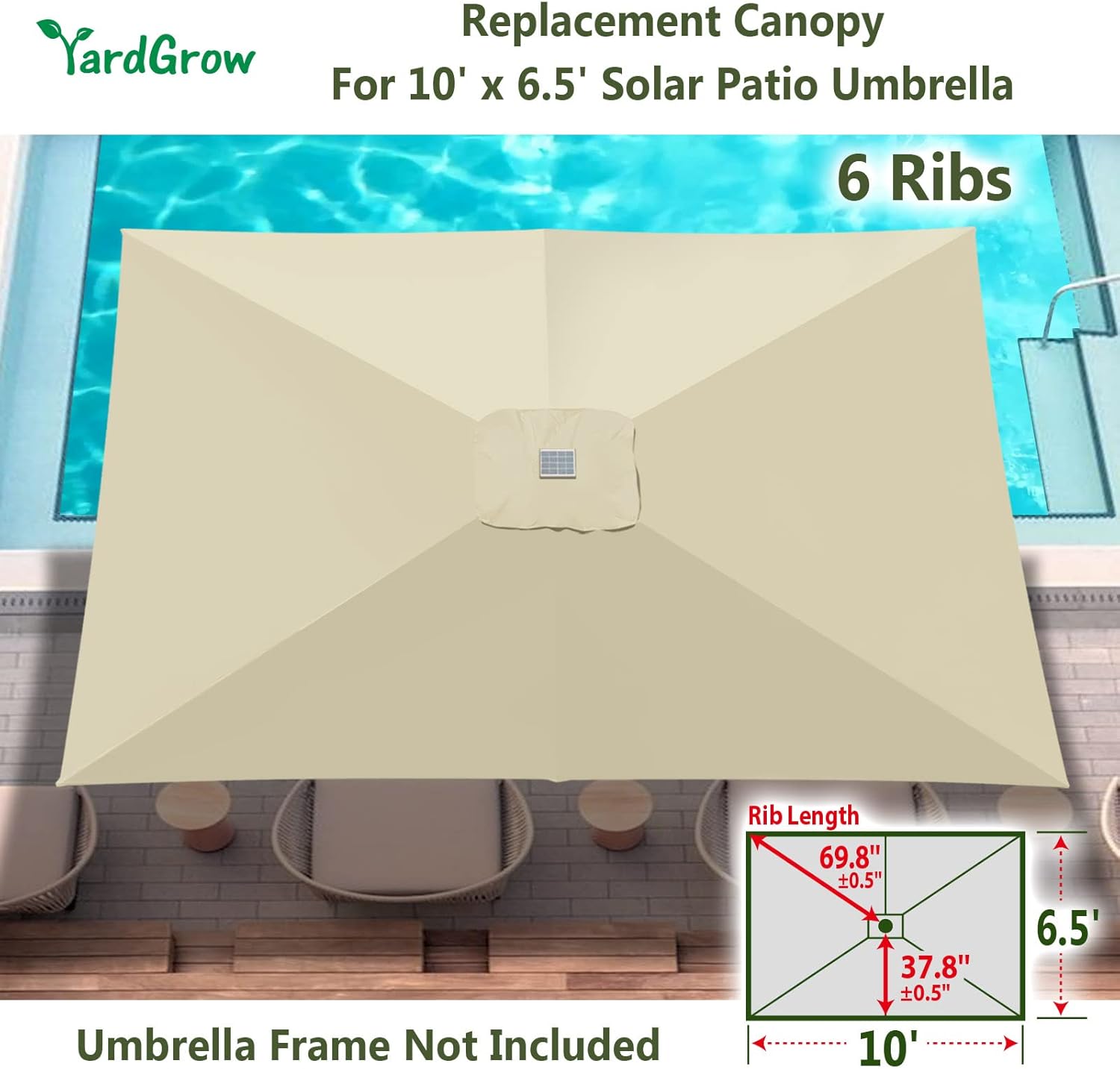 YardGrow 10'x6.5' Outdoor Patio Umbrella Replacement Canopy for 6 Ribs Parasol Top Cover Thick Umbrella Canopy Replacement, Canopy ONLY