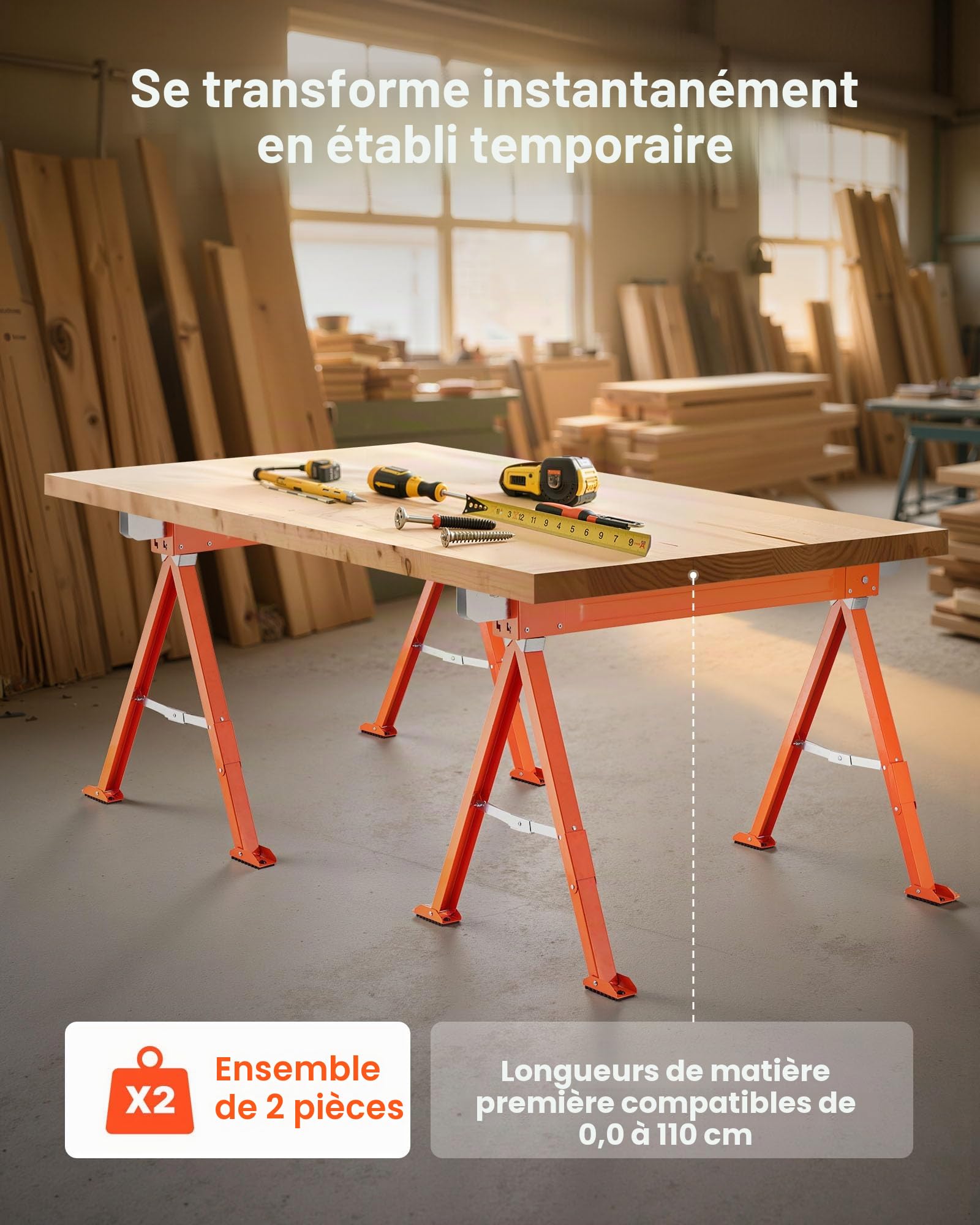 VEVOR Chevalet de Sciage, Lot de 2, Tréteau de Sciage Pliable, Capacité de Charge 600 kg, avec Pieds Robustes, Patins Antidérapants, Outil Tout en Métal pour Menuiserie, Menuisiers, Bricoleurs Bois