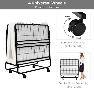 Folding Bed with Mattress for Adults, Twin Size Small Portable Bed Set w/Metal Frame & 4 Memory Foam Mattress, Foldable Sleeping Cot on Lockable Wheels, Rollaway Guest Bed