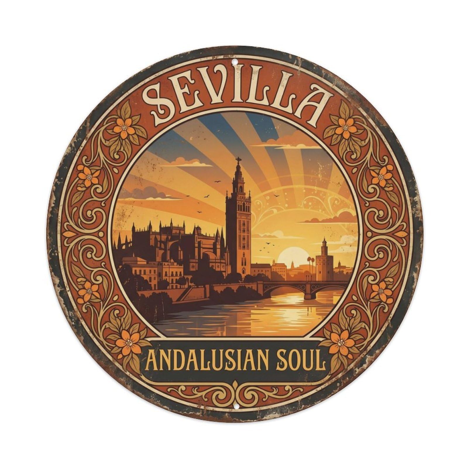 Vintage Travel Cathedral Sevilla Andalusia Metal Tin Sign Plaque Wall Decor for Cafe, Club Bar, Office, Home Garden Round Metal Poster 8x8Inch