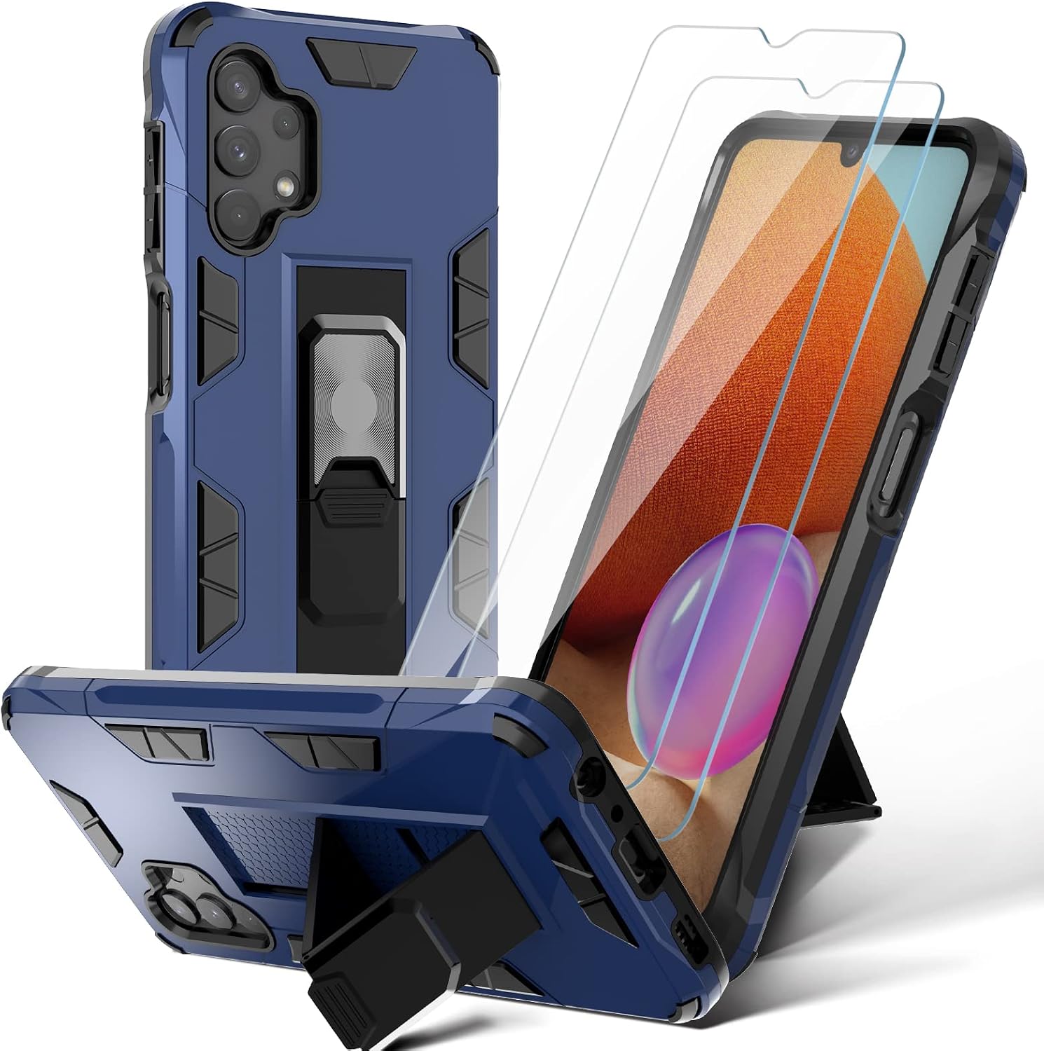 HATOSHI Samsung Galaxy A32 5G Case with 2 Pack Tempered Glass Screen Protector, [Military-Grade Shockproof] Full-Body Protective Slim Hard Phone Cover with Kickstand [2 Stand Ways Kickstand], Blue