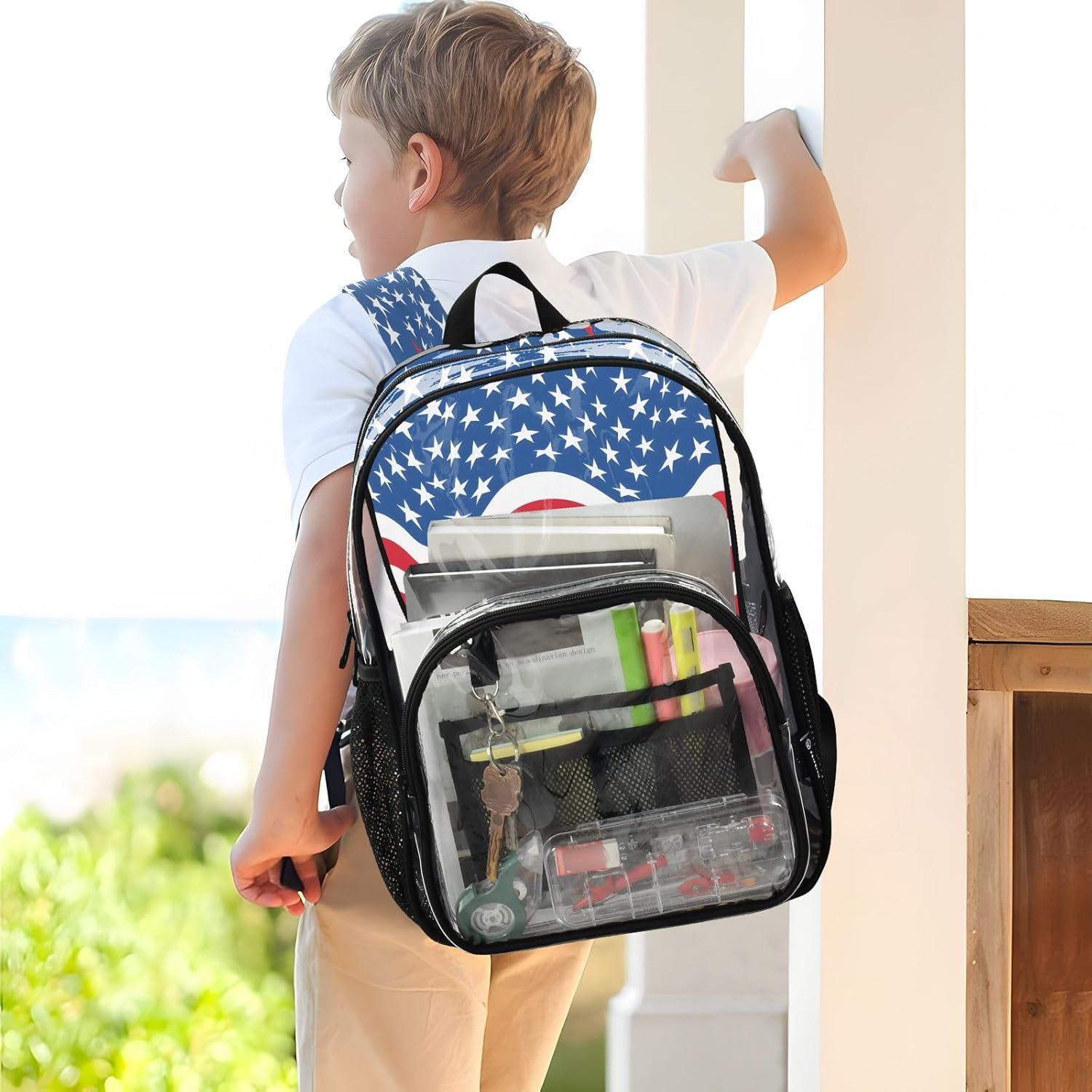 American Flag Chevron Star Clear Backpack Heavy Duty See Through Transparent PVC BookBag for Kids Boy Girl Adult School Work