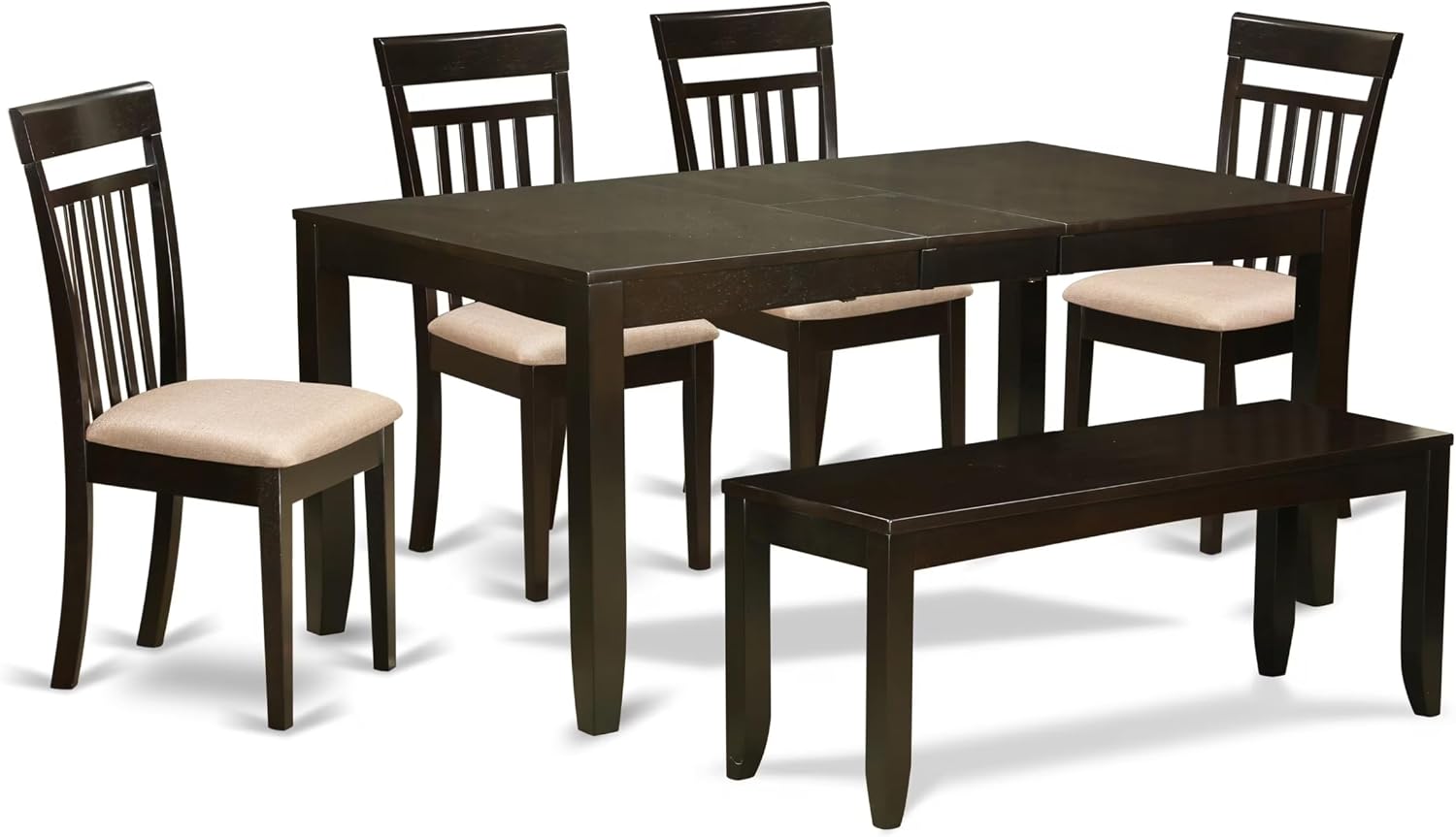 East West Furniture LYCA6-CAP-C 6 Piece Dining Set Contains a Rectangle Dining Room Table with Butterfly Leaf and 4 Linen Fabric Kitchen Chairs with a Bench, 36x66 Inch, Cappuccino