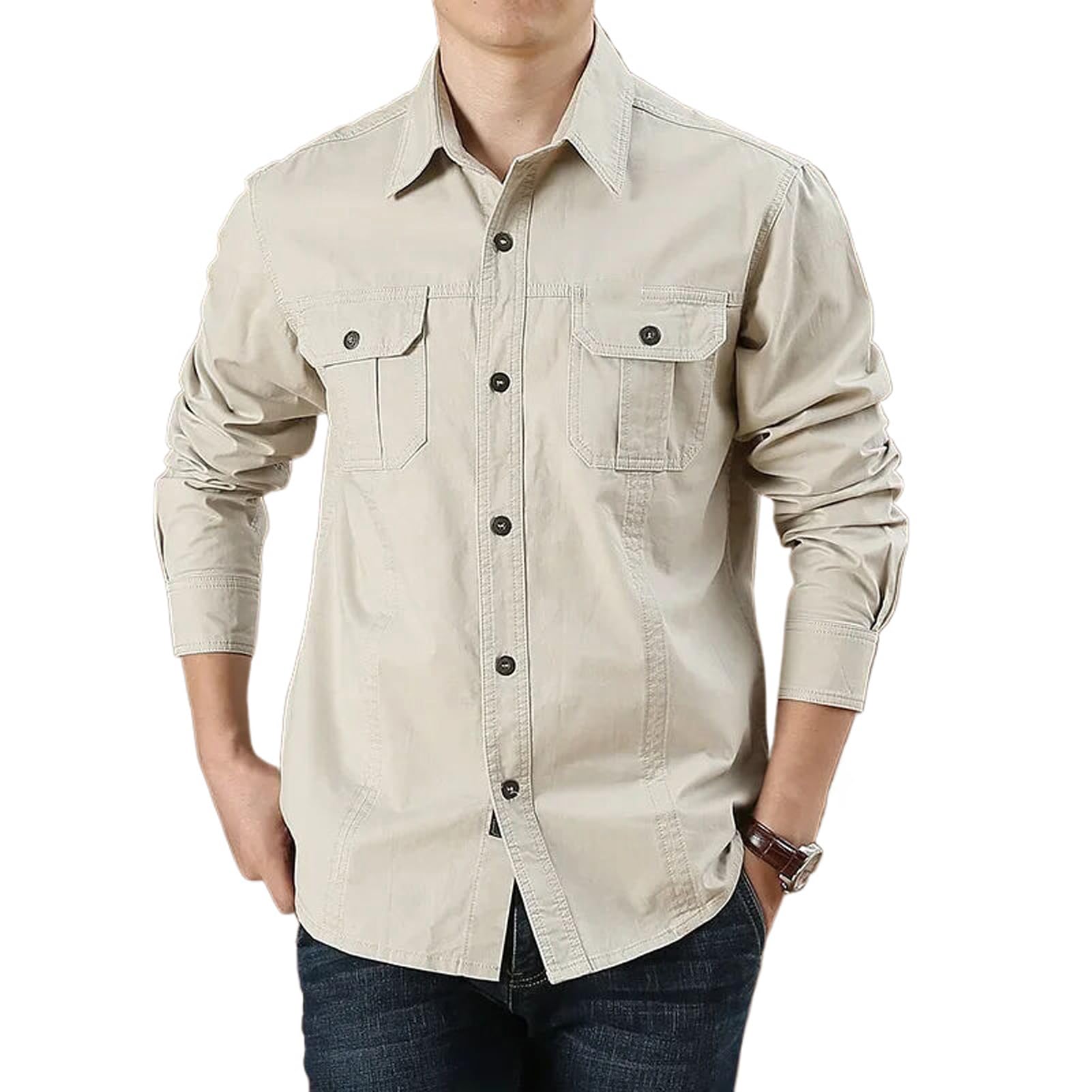 Camisa de manga larga de algodón con bolsillos estilo militar 8