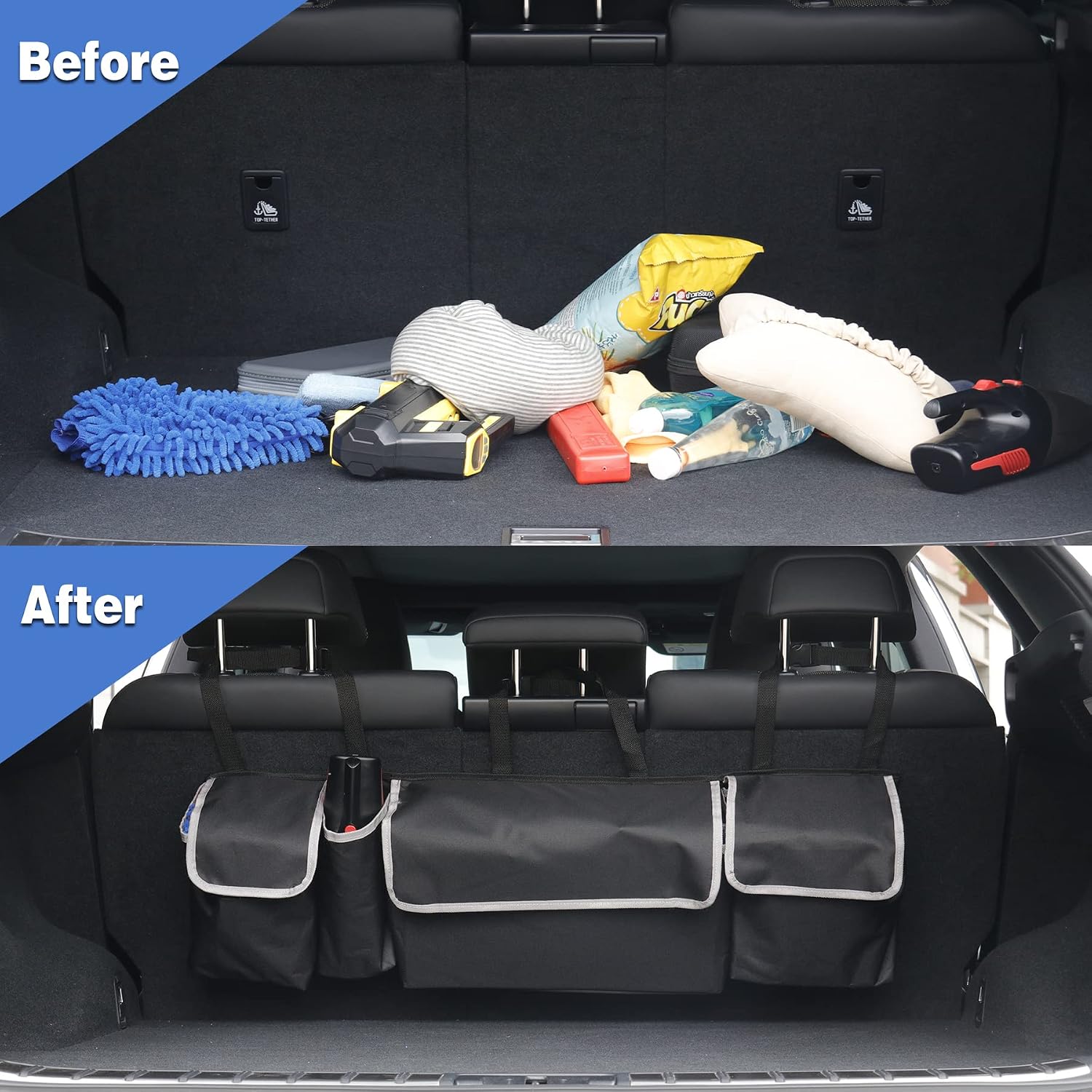 UYYE Car Trunk Hanging Organizer, Thick Backseat Trunk Storage Bag with 4 Pockets and 3 Adjustable Shoulder Straps, Foldable Car Trunk Interior Accessories Releases Your Trunk Space