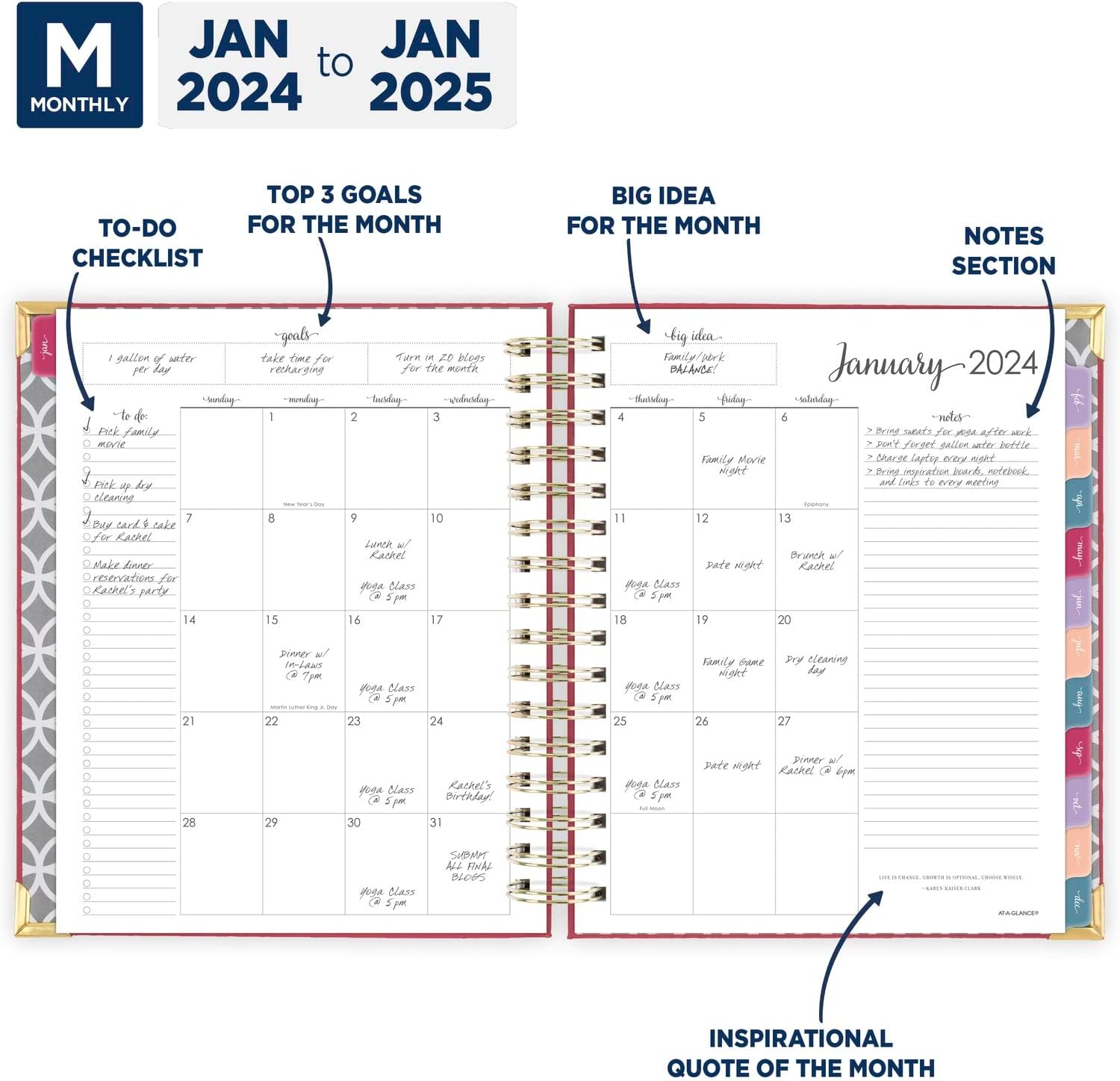 AT-A-GLANCE 2024 Daily & Monthly Planner, 7" x 8-3/4", Medium, Hardcover, Harmony, Berry (6099-806-59-24)