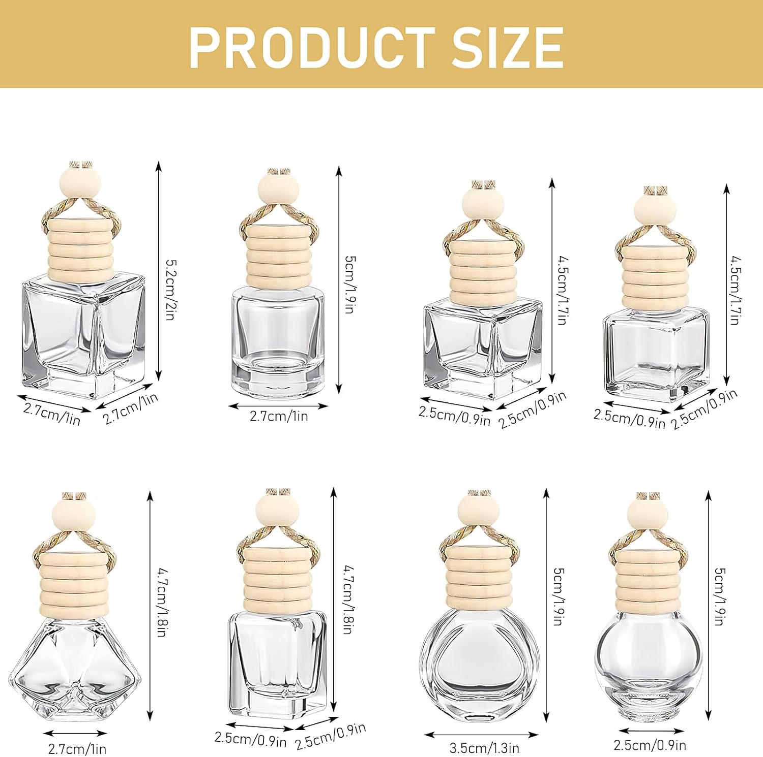 80 Pcs Hanging Car Air Freshener Car Diffuser Bottles with Wooden Cap Empty Glass Perfume Bottle Clear Freshener Diffuser Bottle Fragrance Holder Pendant(8 Styles)