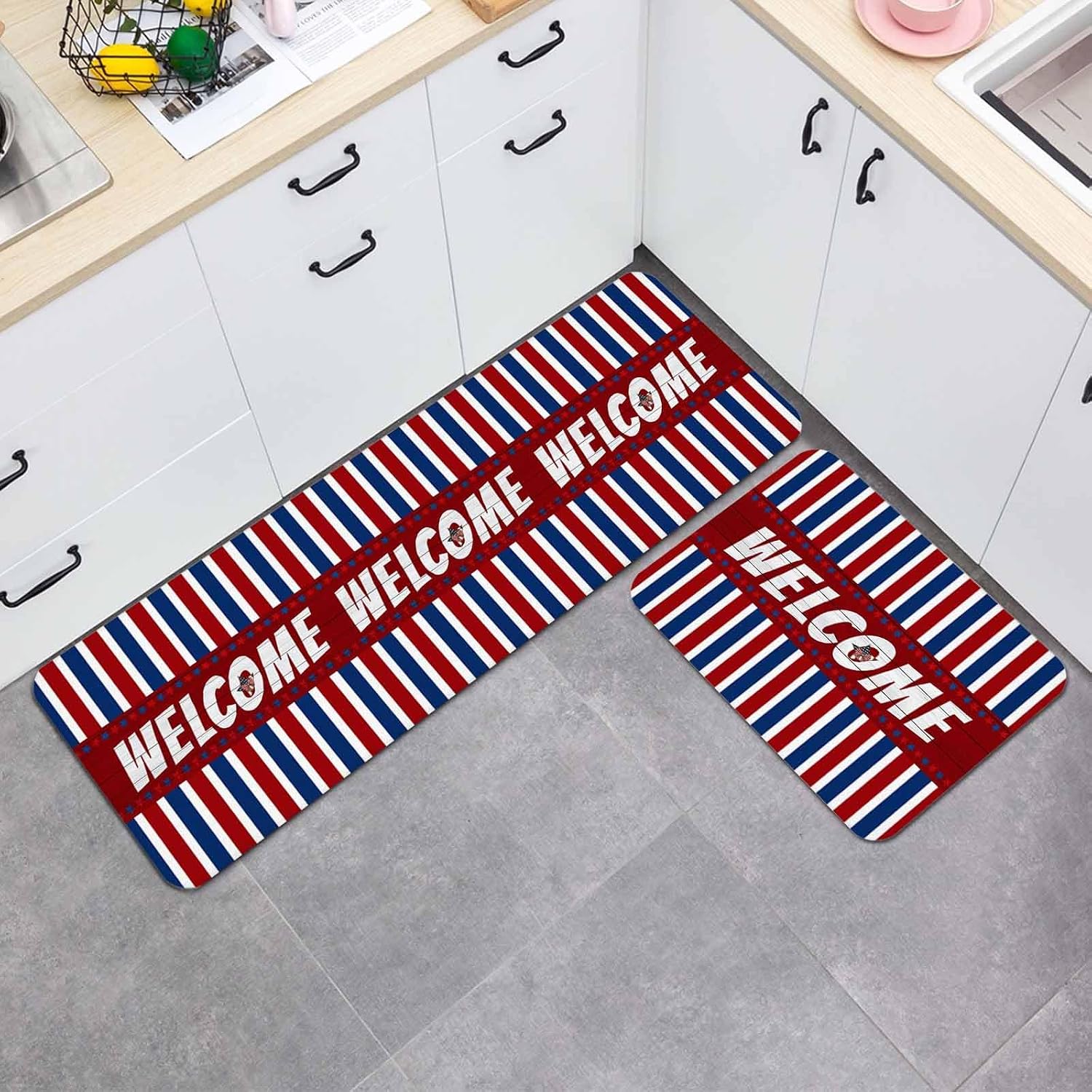 Prime Leader Independence Day Kitchen Mat Set 2 Pieces Welcome Red Wood Grain Red Blue White Stripes Non Slip Kitchen Rugs Washable Runner Rug Mats for Sink Laundry (23.6" x 35.4"+23.6" x 70.9")