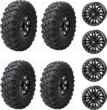 Four 28x10-14 Tusk MEGABITE HD 8-Ply Radial UTV Tires mounted on Tusk NEBO Beadlock Wheels - For Honda Pioneer 1000 Series - 4/137 bolt pattern - Includes Lug Nuts Matte Black, 4+3 Wheel Offset
