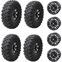 Four 28x10-14 Tusk MEGABITE HD 8-Ply Radial UTV Tires mounted on Tusk NEBO Beadlock Wheels - For Honda Pioneer 1000 Series - 4/137 bolt pattern - Includes Lug Nuts Matte Black, 4+3 Wheel Offset
