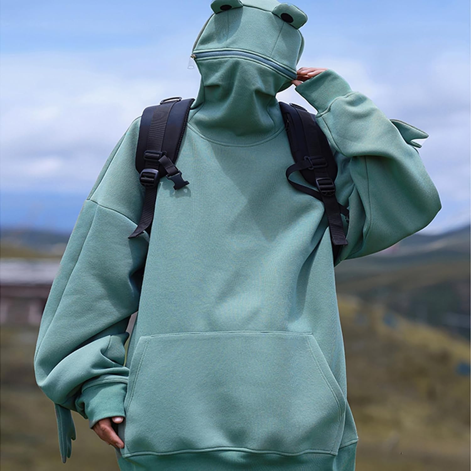 Men's Frog Hoodie Hooded Unisex Pullover Casual Solid Color Sweatshirt with Pocket