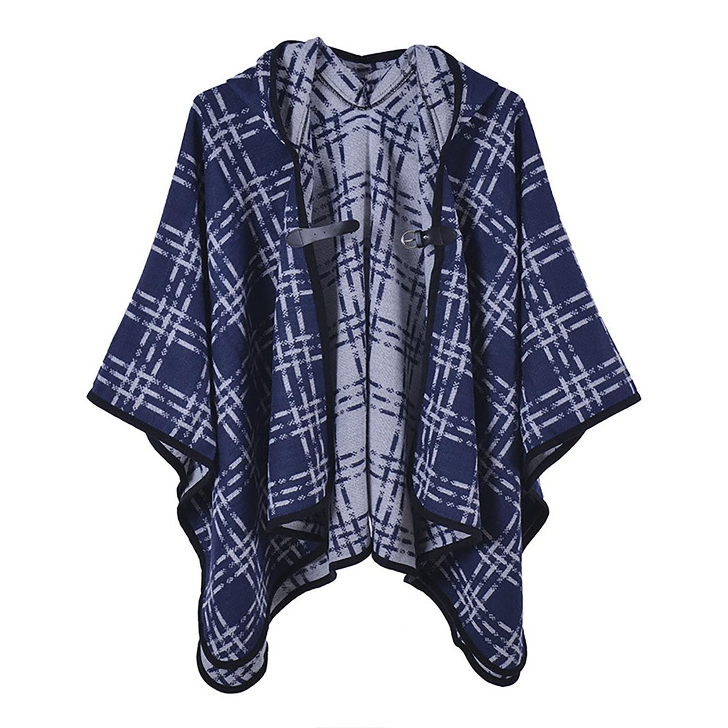 Poncho da Viaggio da Donna Capo con Cappuccio Plaid Scialle Avvolgere Mantello Caldo con Fibbia in Pelle alla Moda per L'autunno Inverno,Blue,One Size