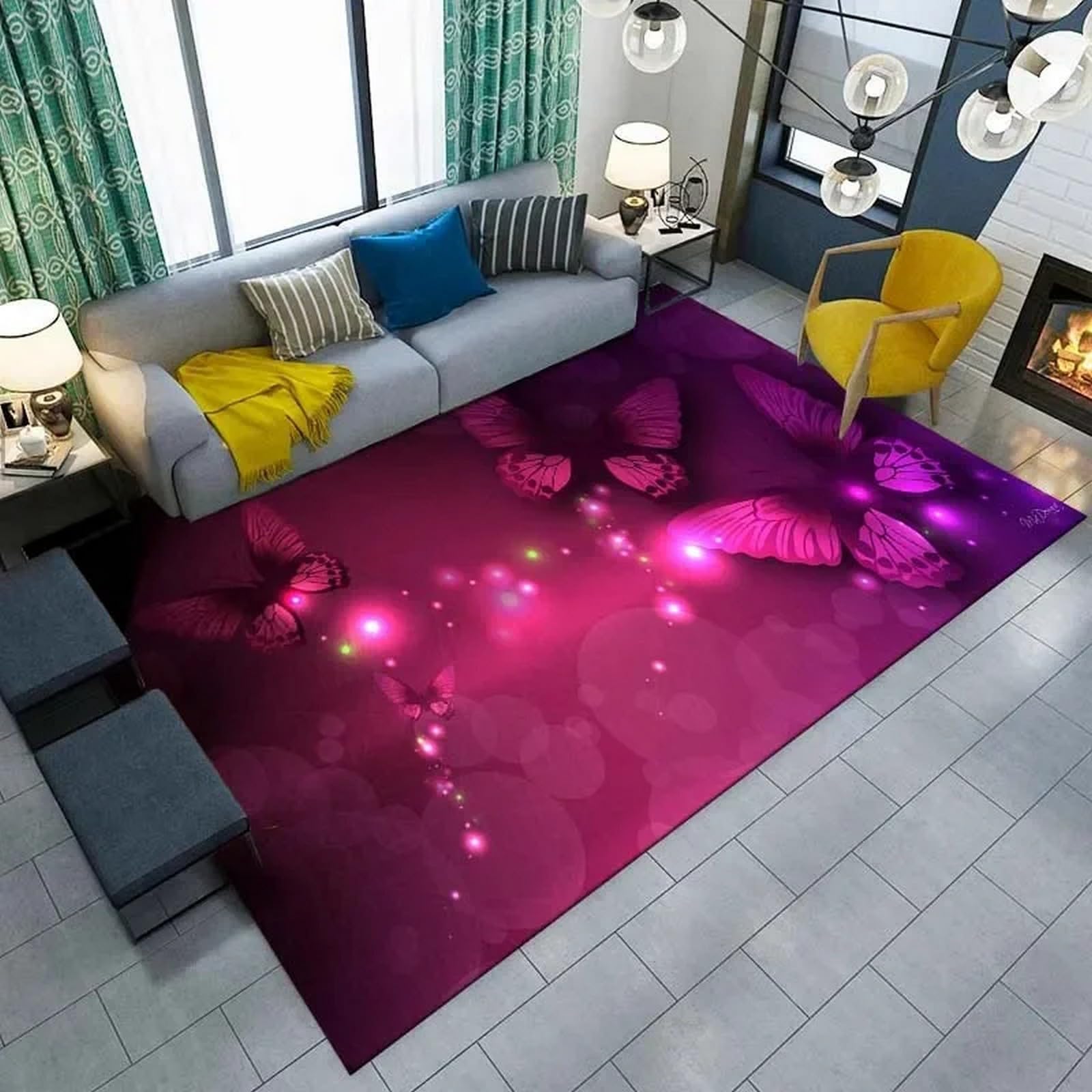Tapis de salon 3D papillon fleur moelleux et grand tapis de couloir antidérapant enfant
