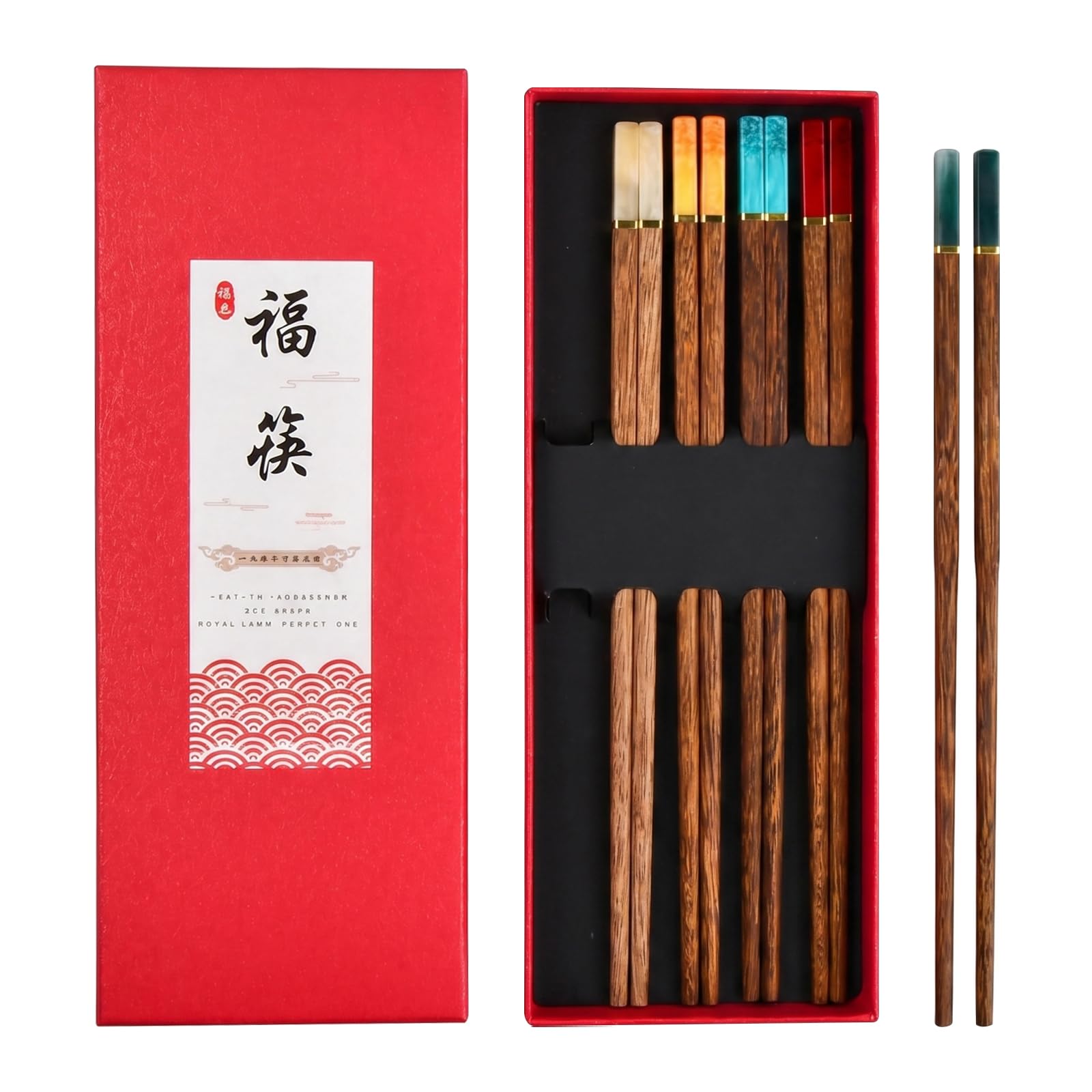 Wooden Chopsticks 5 Pairs Reusable Japanese Style Chop Sticks with Imitation Jade Tail, Natural Wooden Chopsticks Gift Set for Asian Food Sushi Noodles, Dishwasher Safe