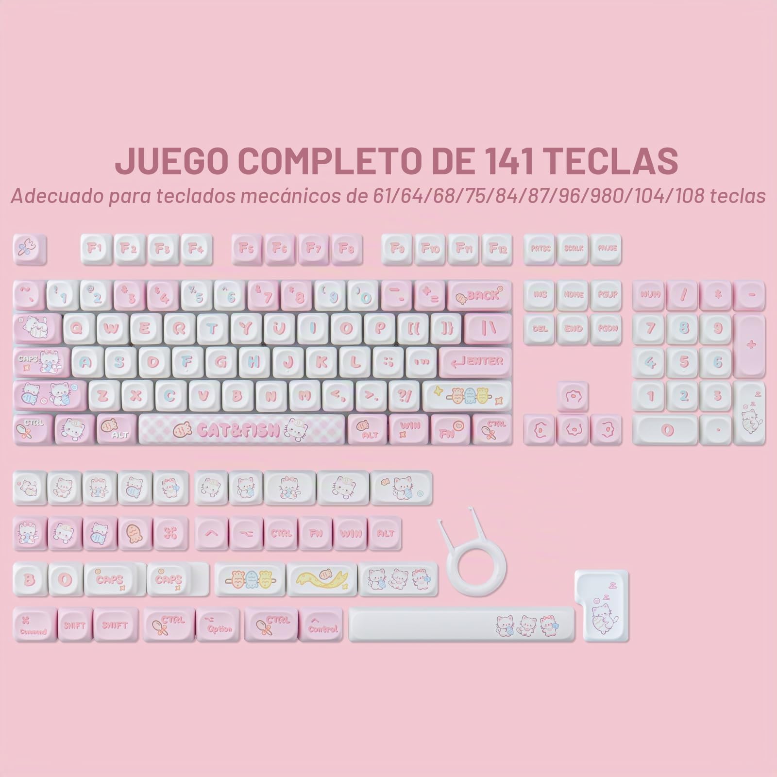 Sunzit Cute Custom Keycaps 141 Teclas PBT Keycap Set, Teclas de Perfil Moa Dye-Sub Pink Cat Eat Fish Keycaps para interruptores Cherry MX Teclado mecánico para Juegos con diseño ISO/ANSI UK