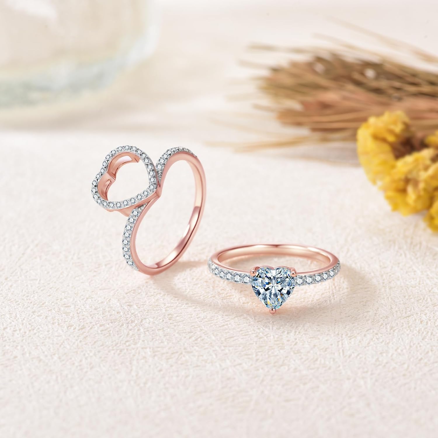 1CT Center Heart Cut Moissanite Wedding Ring Set for Women,18K Rose Gold Platinum Plated Stackable Bridal Sets 925 Sterling Silver Halo Moissanite Engagement Ring Sets for Anniversary Wedding