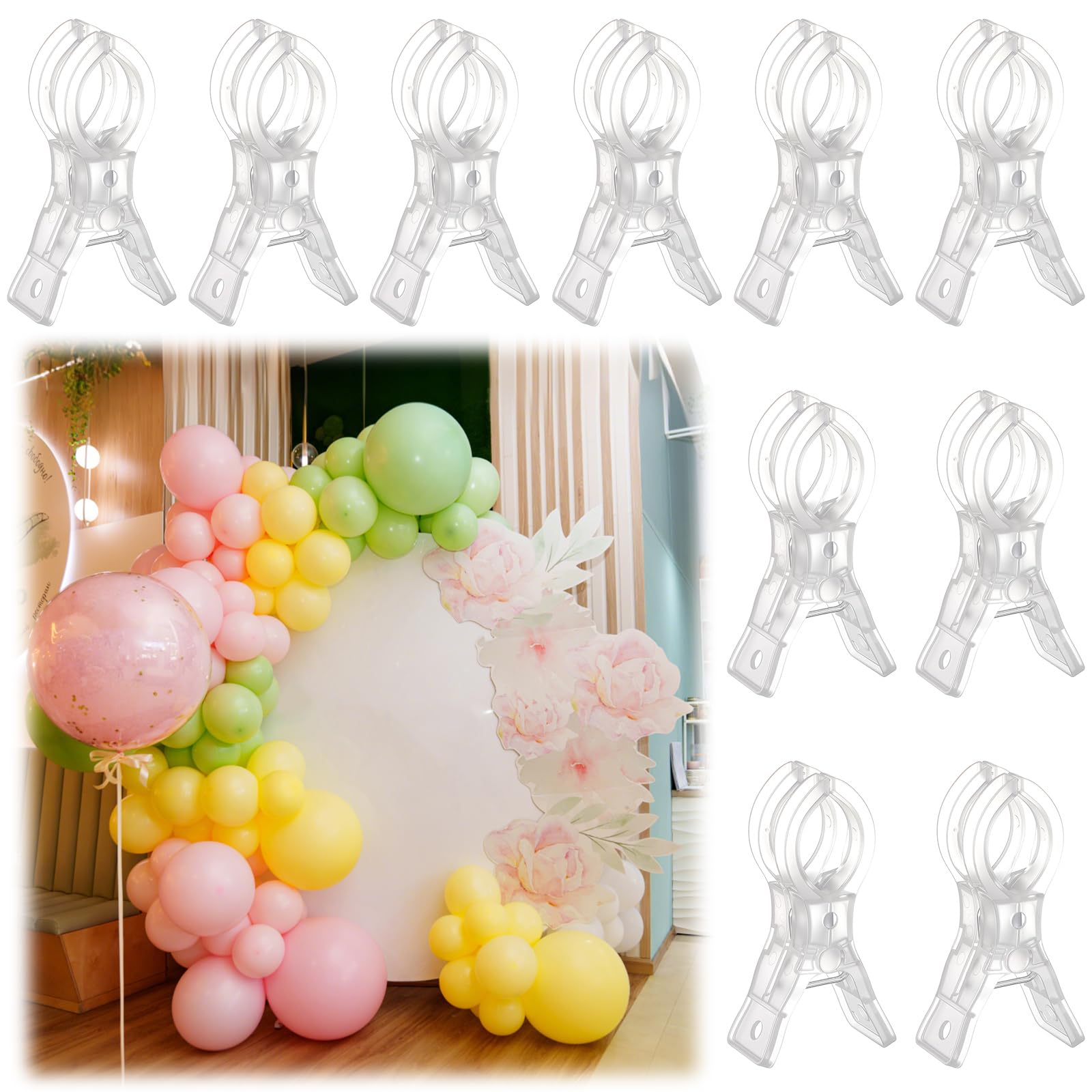 lemonroad 10 pack large balloon arch clips plastic transparent backdrop spring clamps 3.5 inch heavy duty clip for balloon arch kit birthday decoration crafts woodworking photography studios (clear)