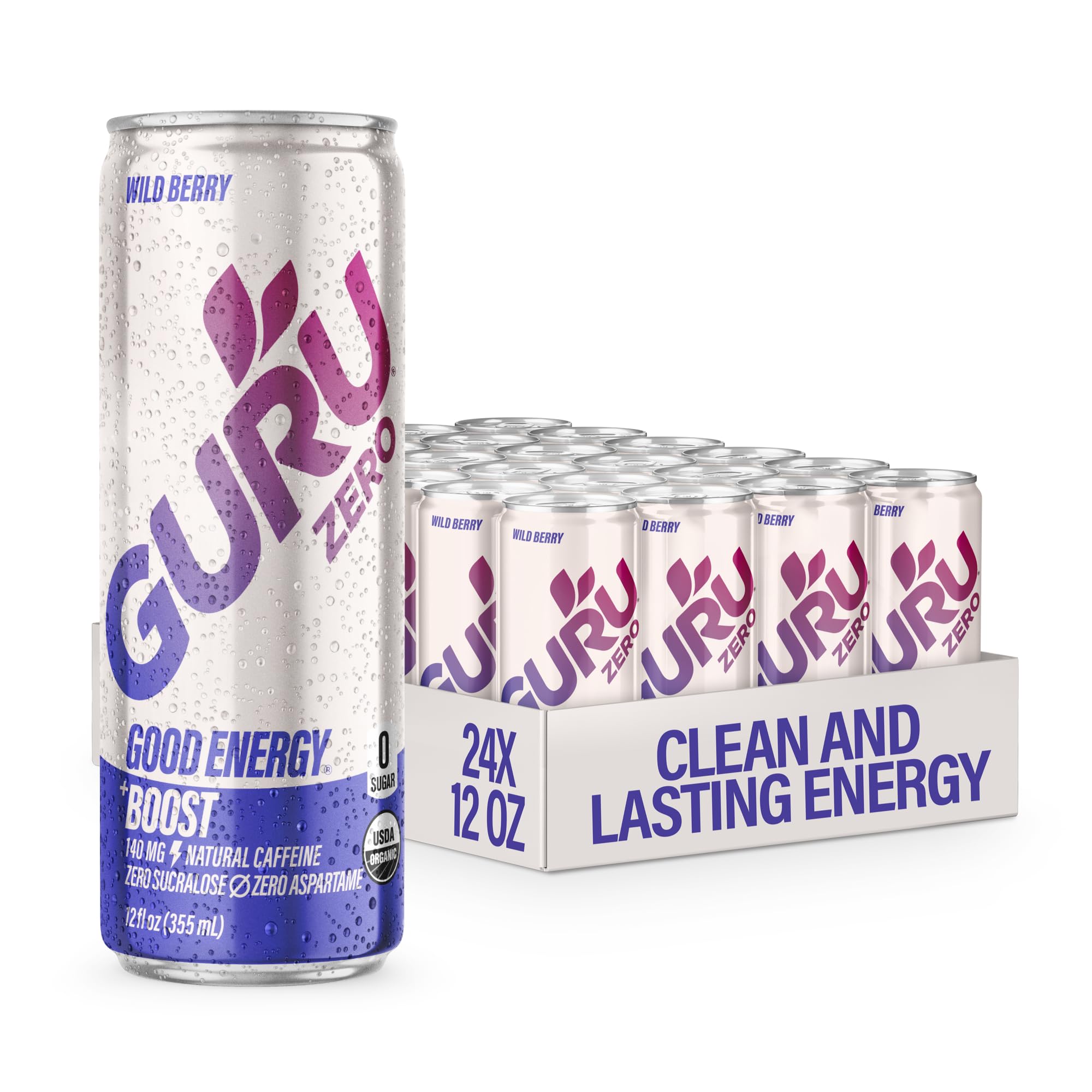 GURU ZERO SUGAR Wild Berry Organic Energy Drink with Plant Based Natural Caffeine from Green Tea, Coconut Water, Prebiotic, Zero Added Sugars, Gluten