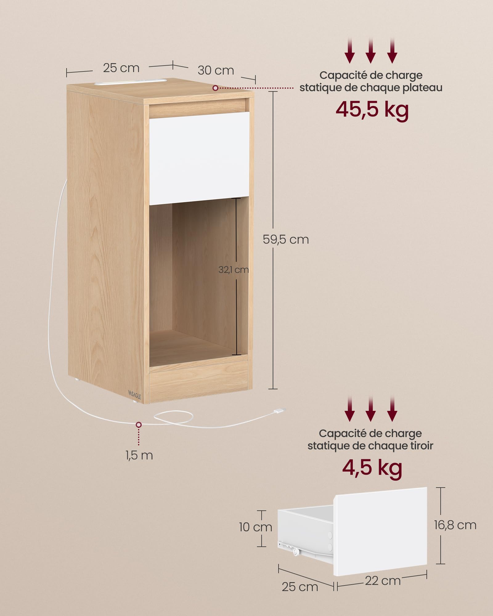 VASAGLE Kailyn Collection - Lot de 2, Table de Chevet, Table d’Appoint, avec Éclairage, 1 Port USB-A, 1 Port USB-C, Tiroirs et Compartiments Ouverts, Chambre, Jaune Amande et Blanc Nuage LET710Y01