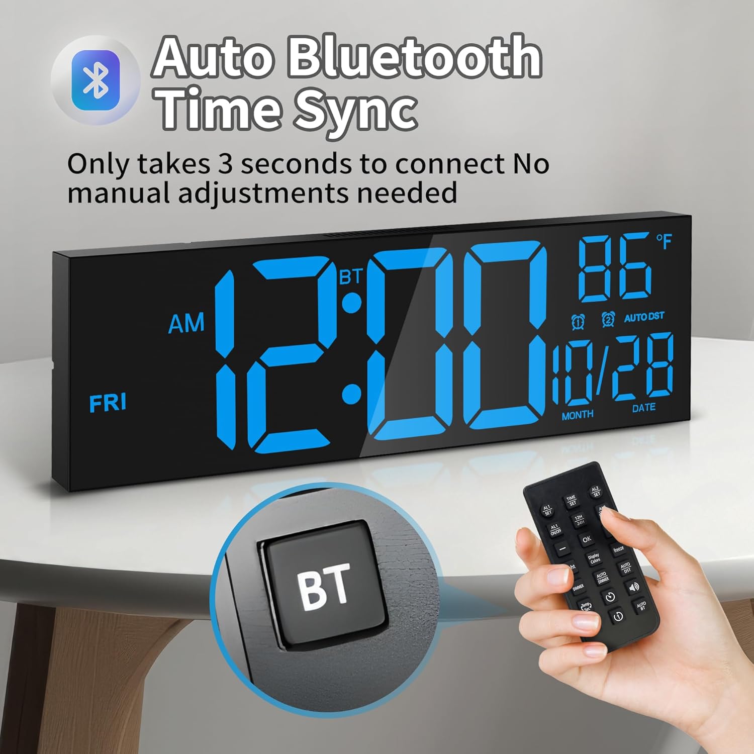 16.5" Digital Wall Clock with Bluetooth Auto-Sync, Large LED Display, Smart Auto Dimming, DST, Remote Control, Night Light, Date & Temperature for Living Room,Black