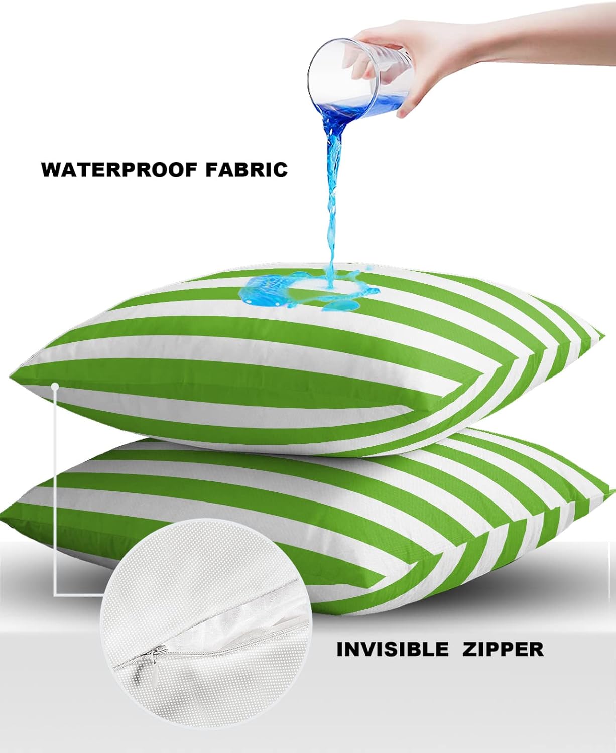 ALAGEO Outdoor Waterproof Pillow Covers for Patio Furniture Green and White Stripes Decorative Throw Pillow Cover Solid Striped Pillowcases Set of 2 Cushion Case for Sofa Couch Chair 26 x 26 in