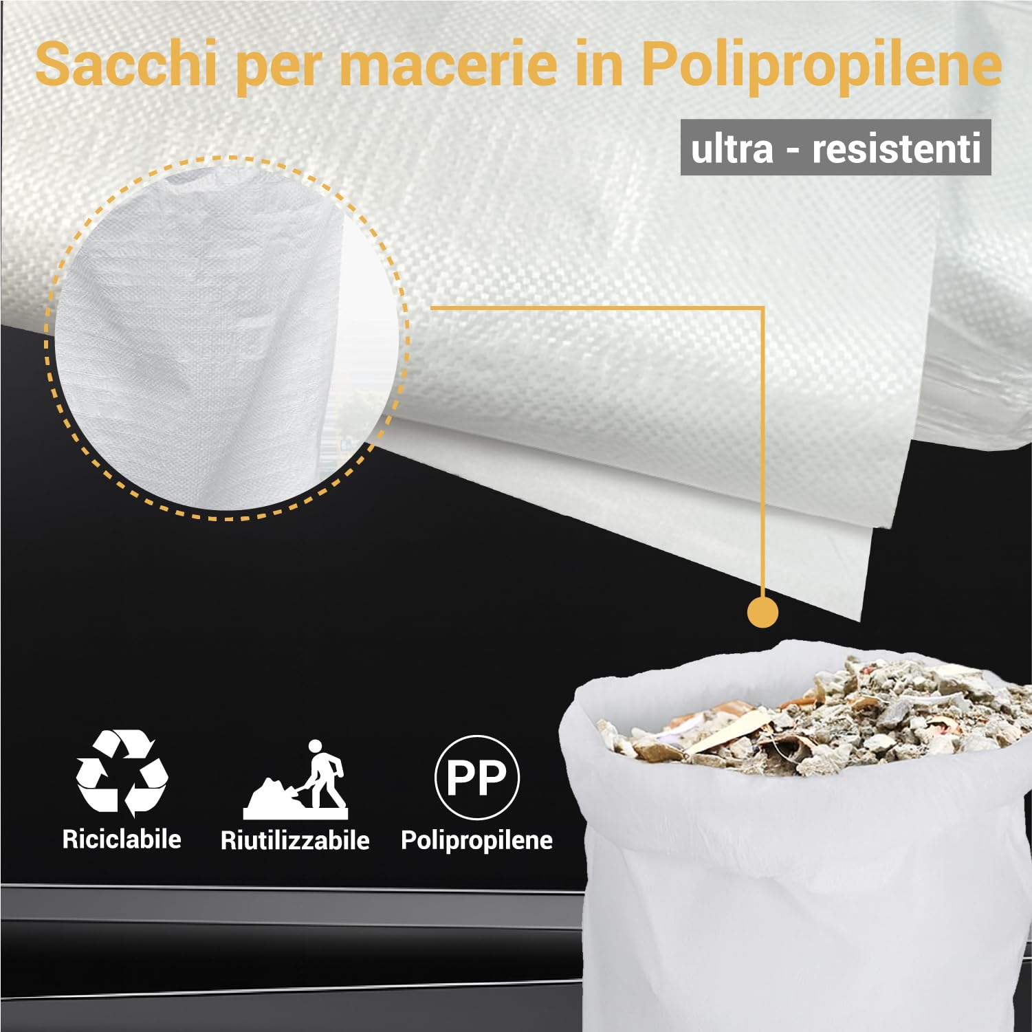 Crisalide Bolsas para escombros de polipropileno – Ultra resistentes, reutilizables, paquete de 10 bolsas + 10 bridas – Disponibles en varios tamaños (10/20/50/100 kg) (100 kg)