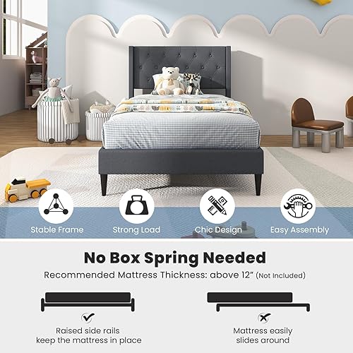 Miniatura 6 de Giantex Base de cama de plataforma de tamaño individual con respaldo de alas, base de cama tapizada de tela con cabecera capitonada con botones y