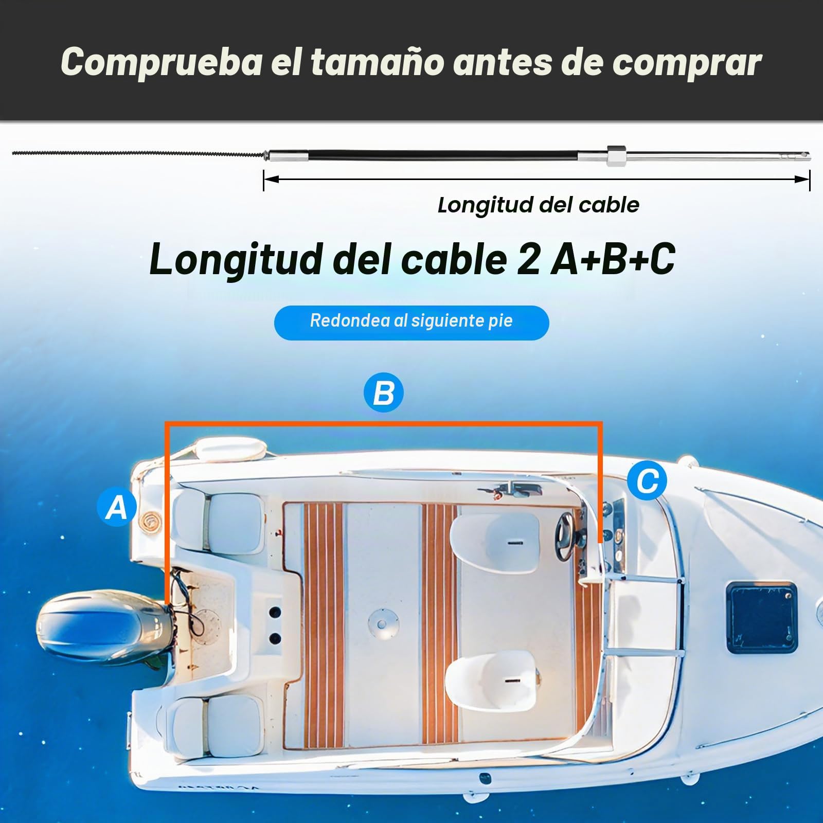Sistema de dirección de barco mecánico rotativo de 487 cm, cable de control fueraborda, sistemas marinos para yates, pesca y otras embarcaciones - con volante