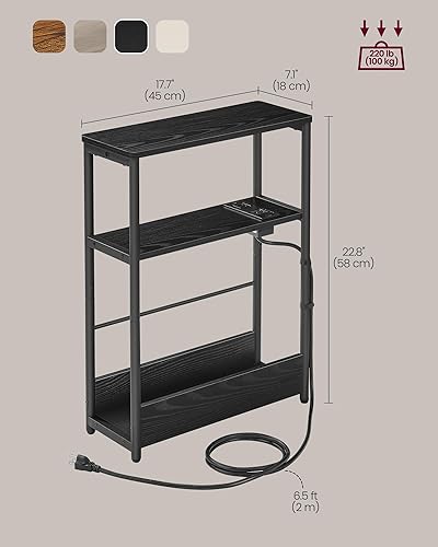 Miniatura 3 de VASAGLE Mesa auxiliar con estación de carga, mesa auxiliar estrecha, mesita de noche de 3 niveles, mesa de sofá para espacios pequeños, revistero,