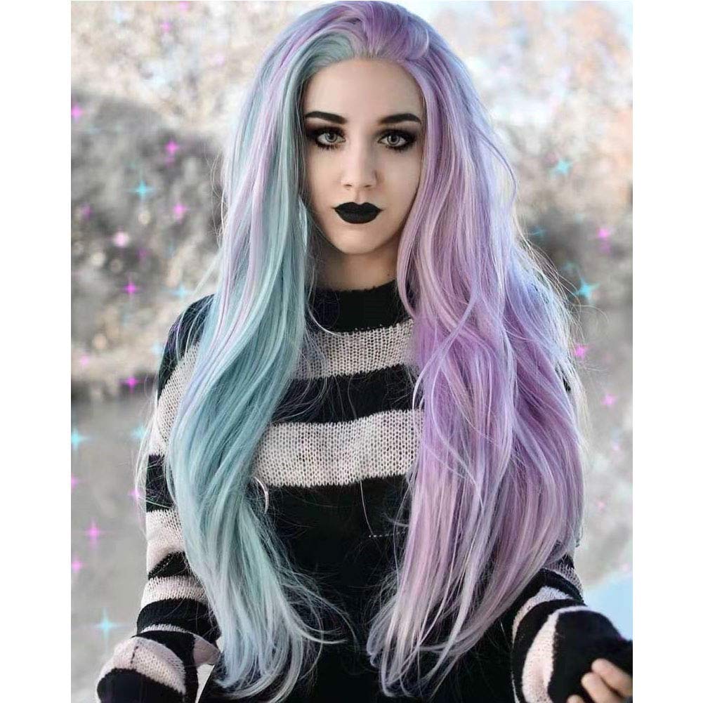 Lace Front Wigs Pink (Purple) and Blue 2 Colors Silky Long Straight Hair Christmas Festival Synthetic Wig for Women, Pre Plucked 24" Lace Wig with Natural Hairline and Baby Hair