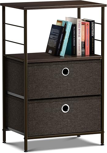 Miniatura 16 de Sorbus Mesita de noche con 1 cajón, mueble de noche y mesa auxiliar con marco de acero, parte superior de madera y contenedores de tela fáciles de