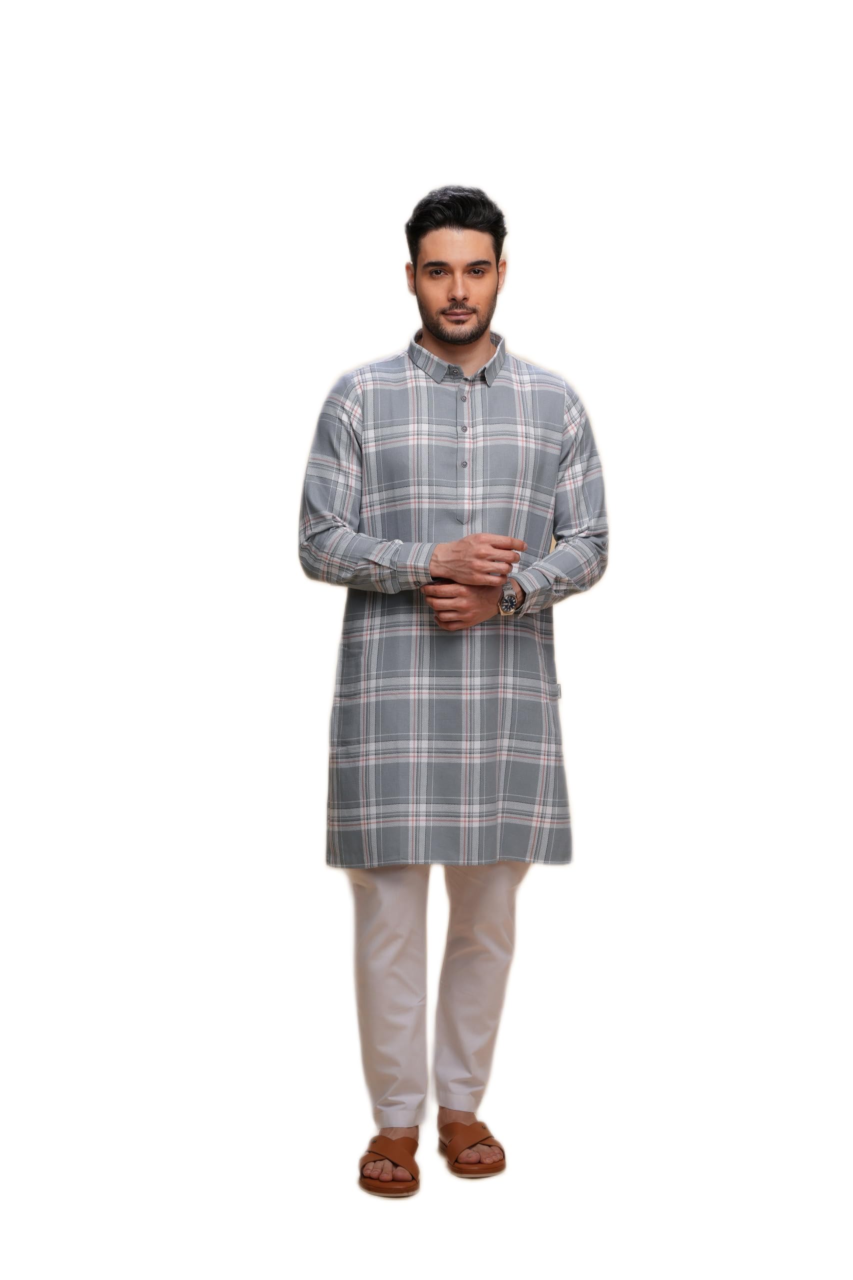 mashroo Men Kurta Pajama Set Grey S Cotton Checks for Weddings and Festivals-picture-48