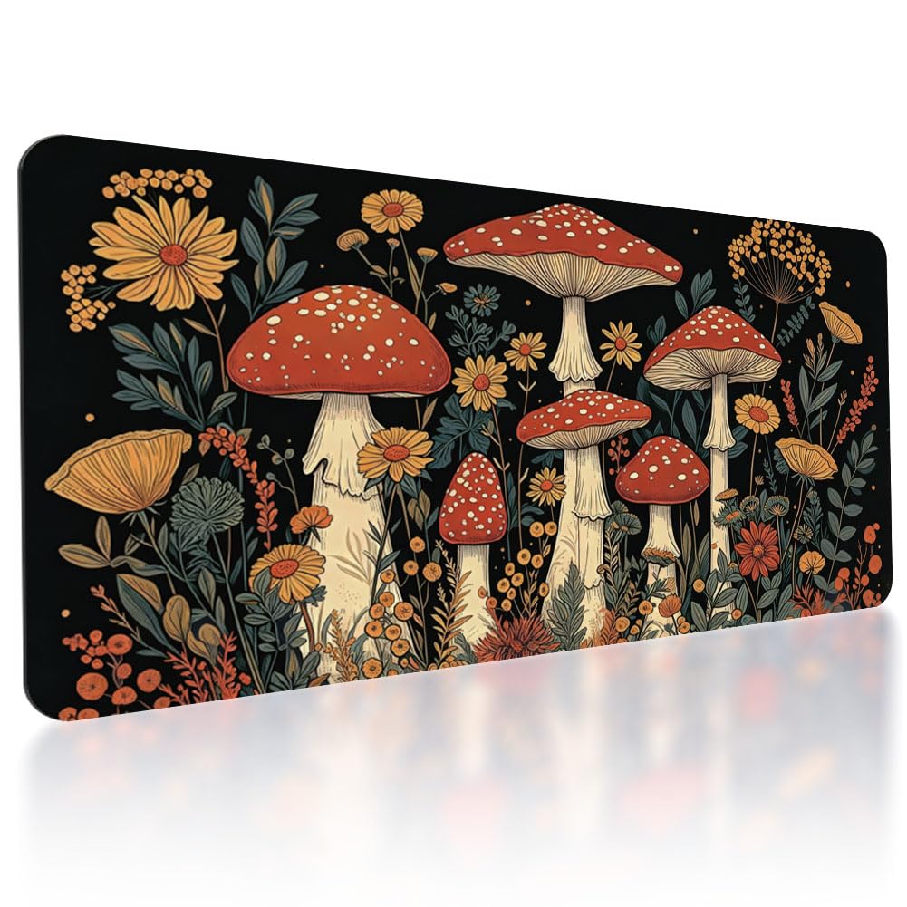TNKBREEZE Large Mouse Pad Flower Mushroom Extended Gaming Mousepad for Office Home Vintage Aesthetic Big Desk Mat with 3mm Thick Non-Slip Rubber Base Keyboard Mats for Game PC Desktop Decor15.7x31.5in