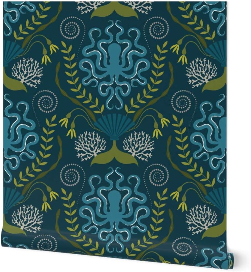 Removable Wallpaper Swatch - Nautical Damask Victorian Style Botanical Blue Octopus Ocean Life Custom Pre-Pasted Wallpaper by Spoonflower