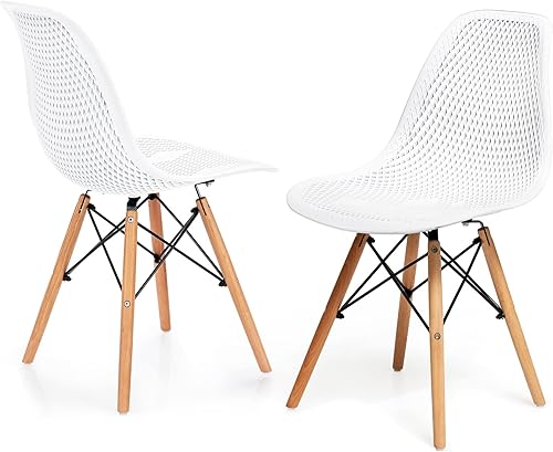 KOTEK Juego de 2 sillas de comedor, sillas laterales de plástico moldeado DSW con diseño de malla, patas de madera maciza, sillas laterales modernas