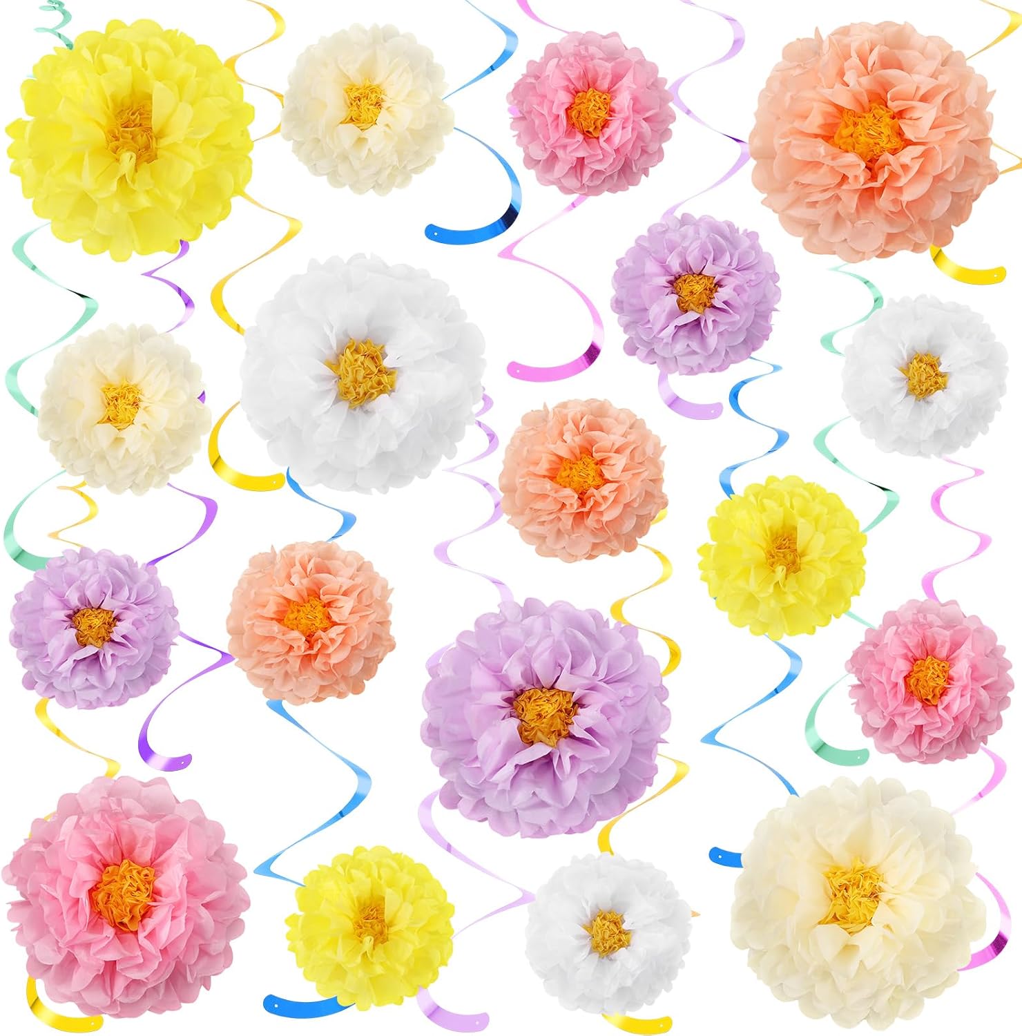 Knitgrip 18 Pcs Mexican Paper Flowers Colorful Fiesta Tissue Paper Flowers Pom Poms with 24 Pcs Floral Hanging Swirl Decor for Cinco De Mayo Fiesta Wedding Birthday Baby Shower Party (Bright Style)