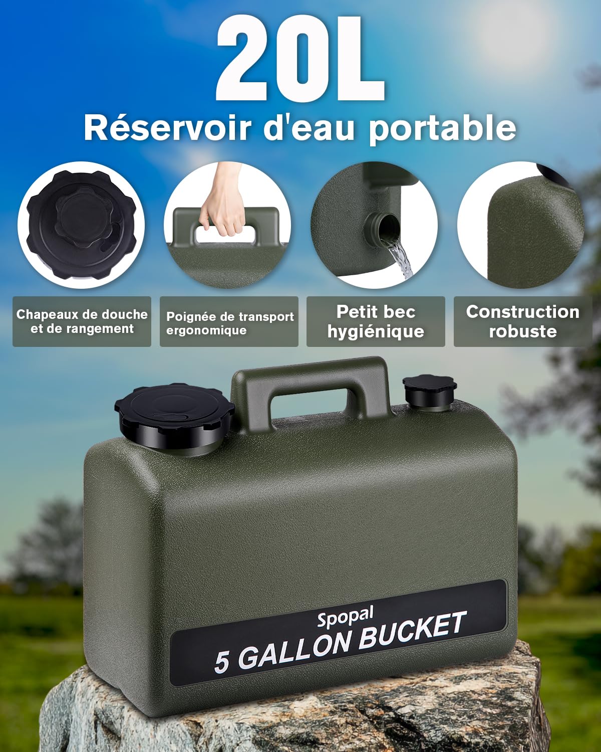 Spopal Douche Portable,[20L&IPX8 Étanche] Kit Douche Camping,avec Seau,Robuste,Durable,10000mAh,Charge Type-C,5 Vitesses,Écran Intelligent,pour Bain des Animaux,Camping et Voyages
