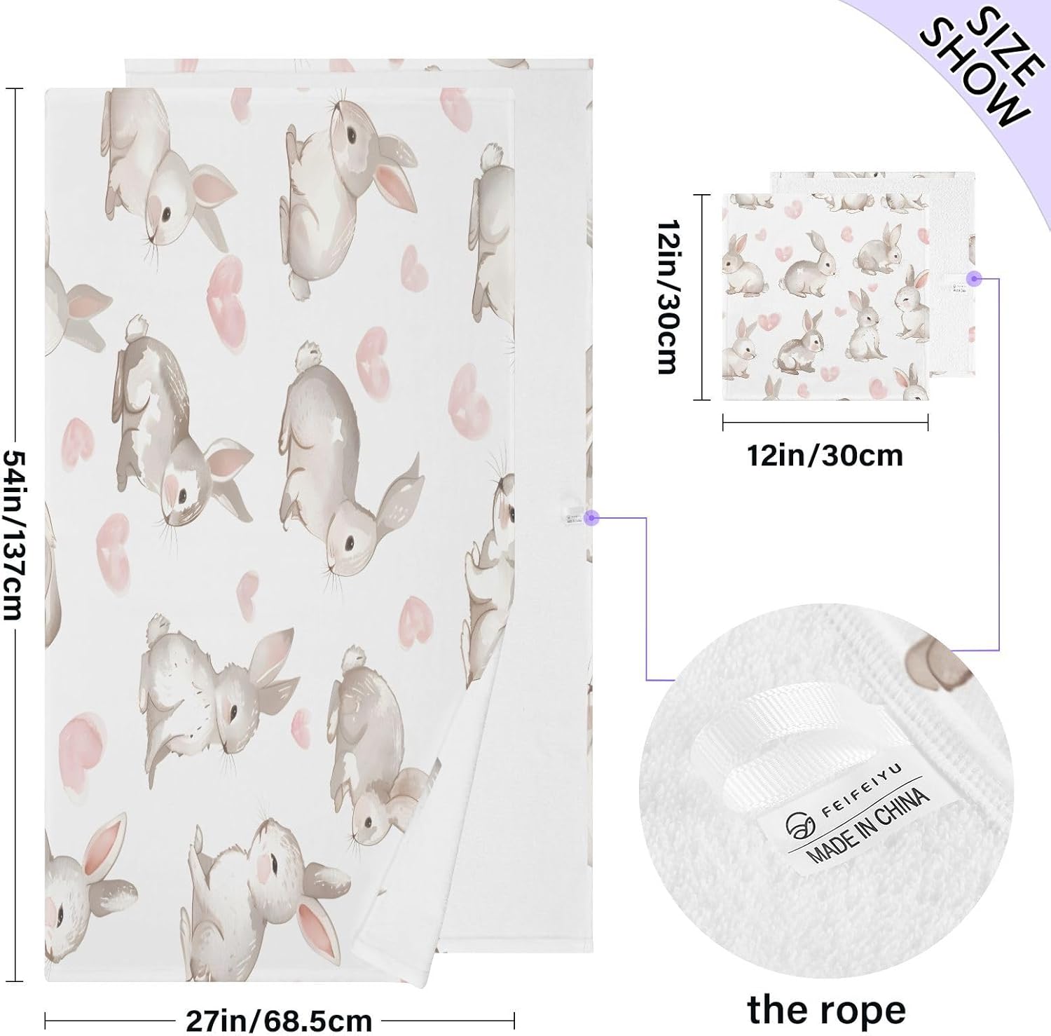 Hand Towels Premium Soft and Highly Absorbent Adorable Rabbits Cartoon 2 Pcs Towels for Bathroom Set 100% Cotton Decorative Face Towels