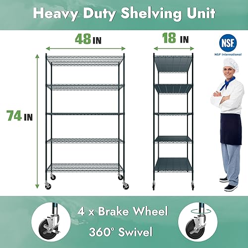 Miniatura 3 de NSF - Estantes de almacenamiento de epoxi verde de 6 niveles, 18 x 48 x 86 pulgadas, ambientes húmedos y secos, estantería de alambre de acero