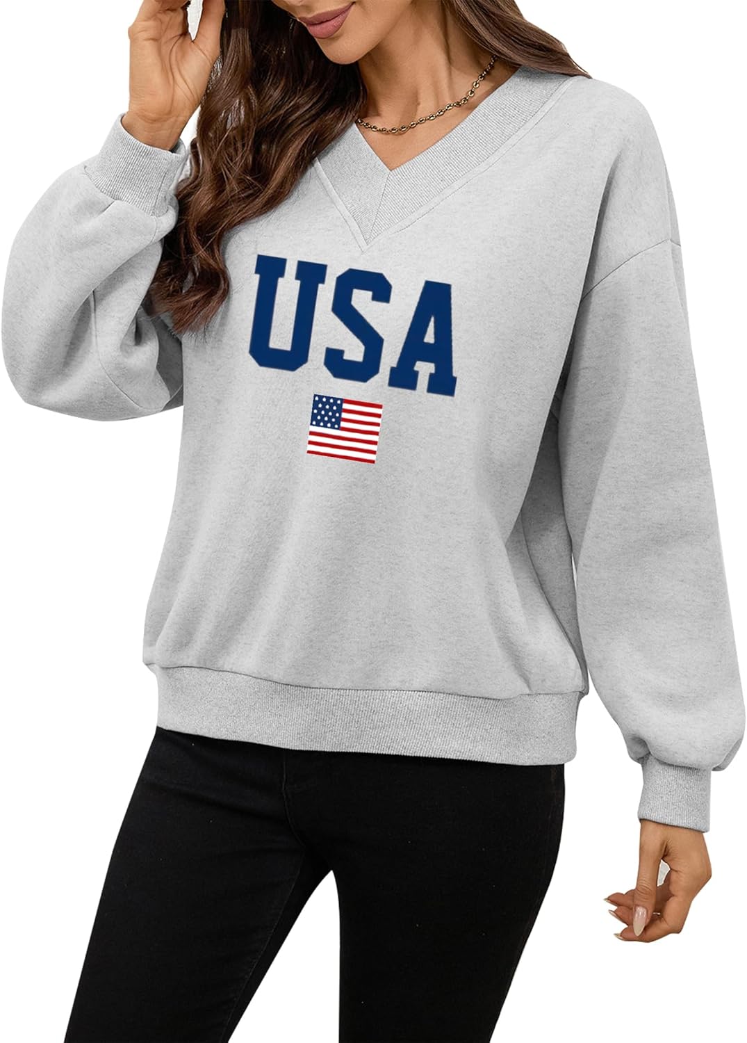 Avanova Women USA Graphic V Neck Sweatshirts Top Drop Shoulder Long Sleeve Pullover Shirt - Image 4