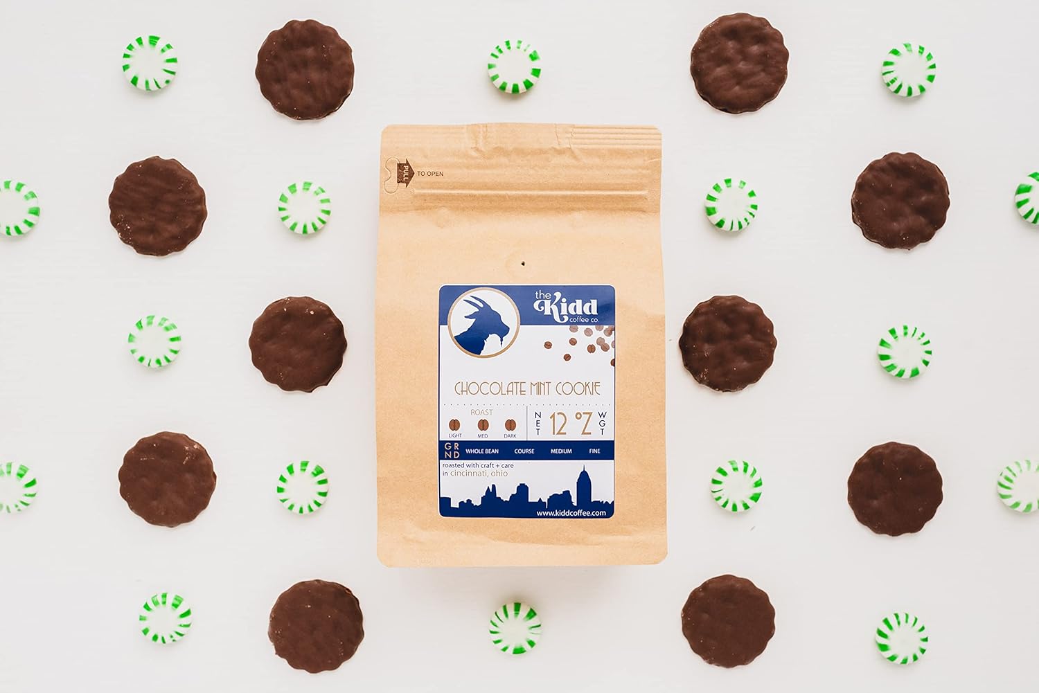 Kidd Coffee Co. Chocolate Mint Cookie 12 oz Ground Coffee, Medium Roast Coffee, Rich Chocolate, Spearmint, and Graham Cracker Flavor, Made with 100% Arabica Beans