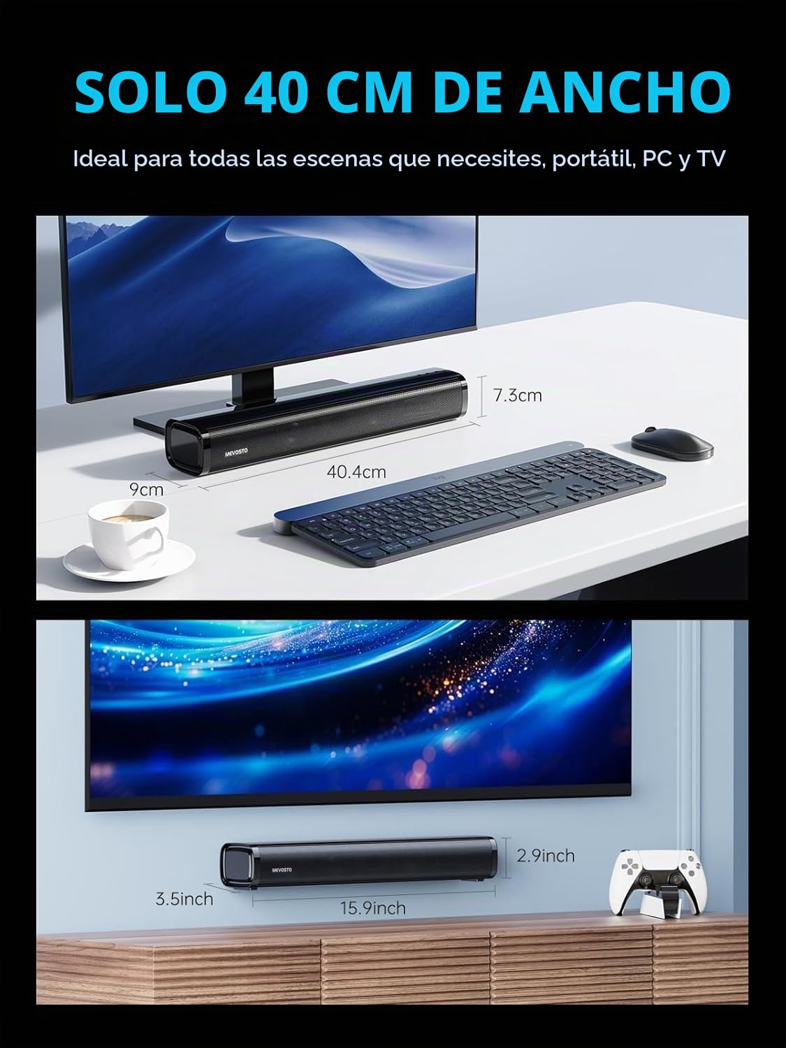 Barra de Sonido TV Mini Barra de Sonido PC Gaming Home Cinema 60W, 2,1 Canales, Altavoz de subwoofer Integrado, Ordenador con USB Digital Audio/BT5.4/óptico/AUX Voice Enhance 3 EQ - 40cm