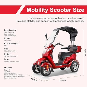 Robust 1000W Heavy-Duty Mobility Scooter with Canopy: 500lbs Weight Capacity, 40-Mile Range, All-Weather Suitability, 15 MPH Tri-Speed Control for Seniors & Adults, Red