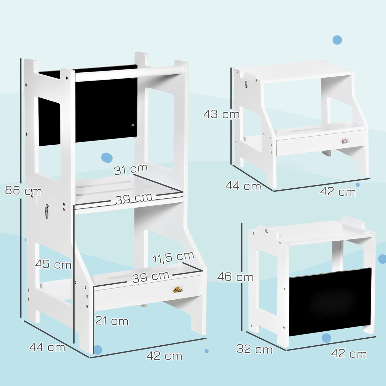 Detailed diagram with dimensions of the learning tower, desk, and chair configurations.