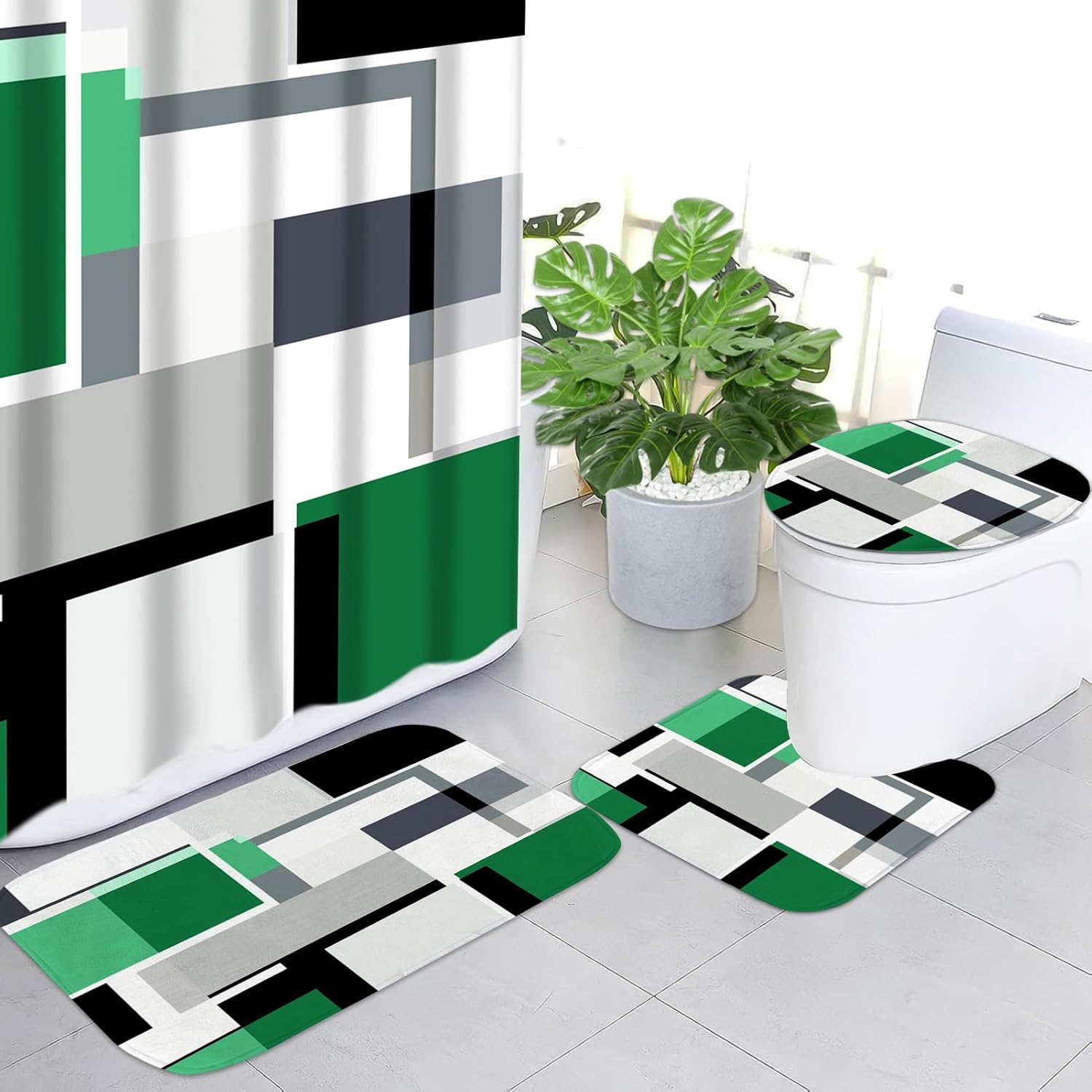 4 Pcs Bathroom Sets with Shower Curtain and Rugs,Green Geometric Bathroom Shower Curtain Sets with 12 Hooks, Green and Black Modern Abstract Bathroom Sets with Rugs and Accessories for Bathroom