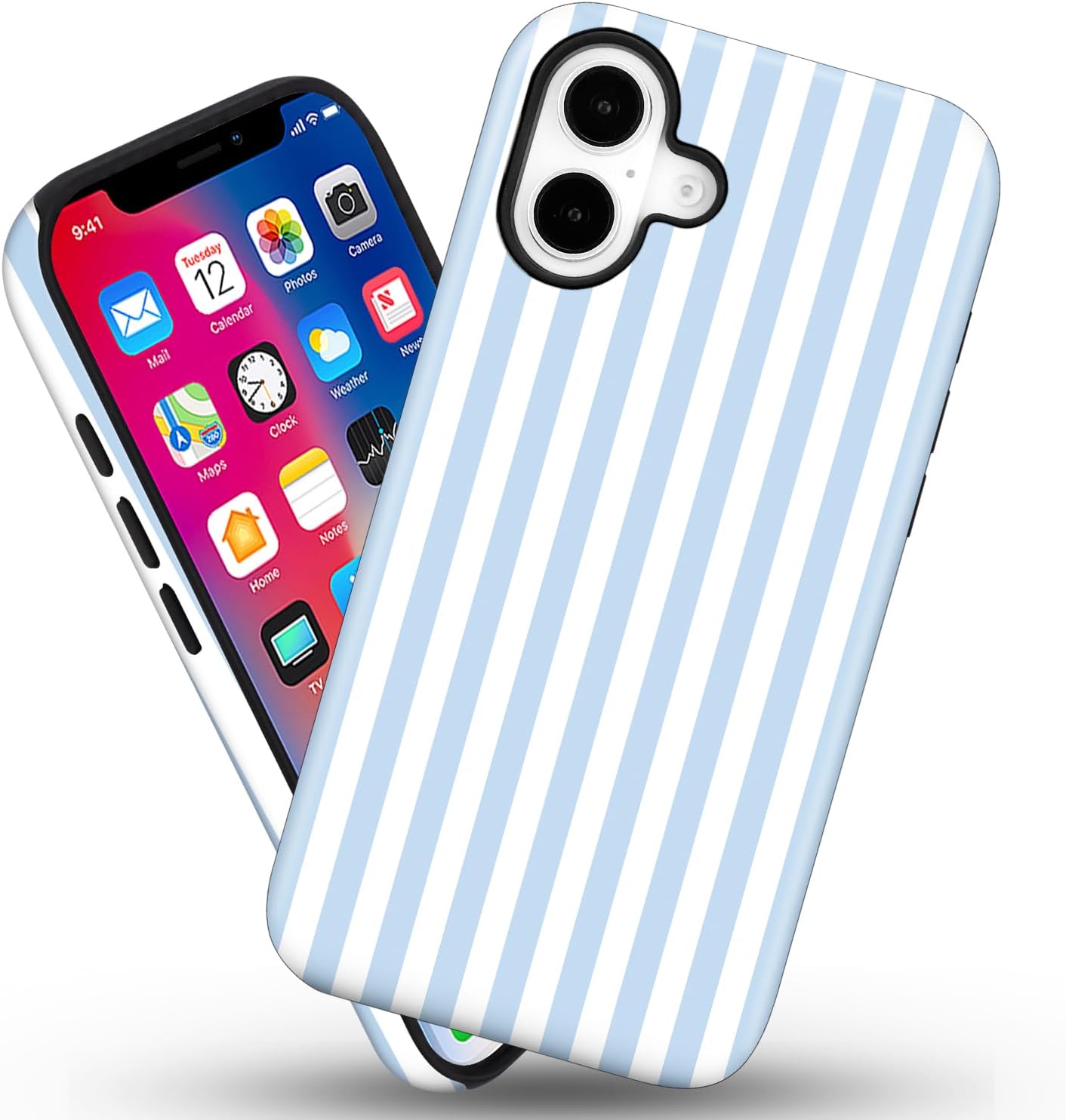 Magnetic for iPhone 16 Case Cute Stripes Phone Case, Shockproof Slim TPU and Hard PC Protective Phone Cover Compatible with MagSafe Designed for Women Girls, Blue and White