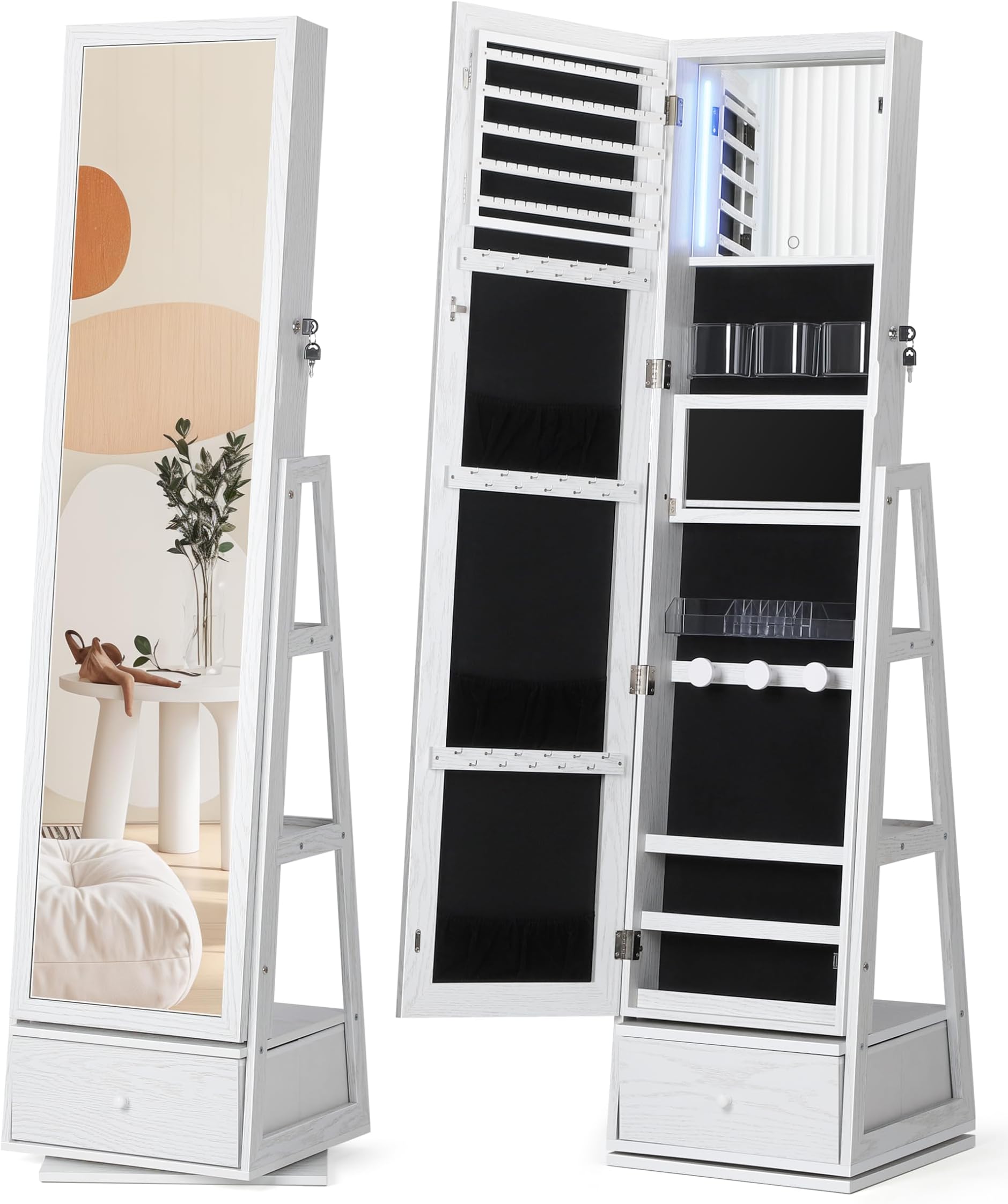 Nicetree 360° Rotating Jewelry Cabinet with Lights - Full-Length Mirror Jewelry Armoire Organizer with Touch Screen Vanity Mirror, Storage Drawers & Shelves for Necklaces, Earrings, White