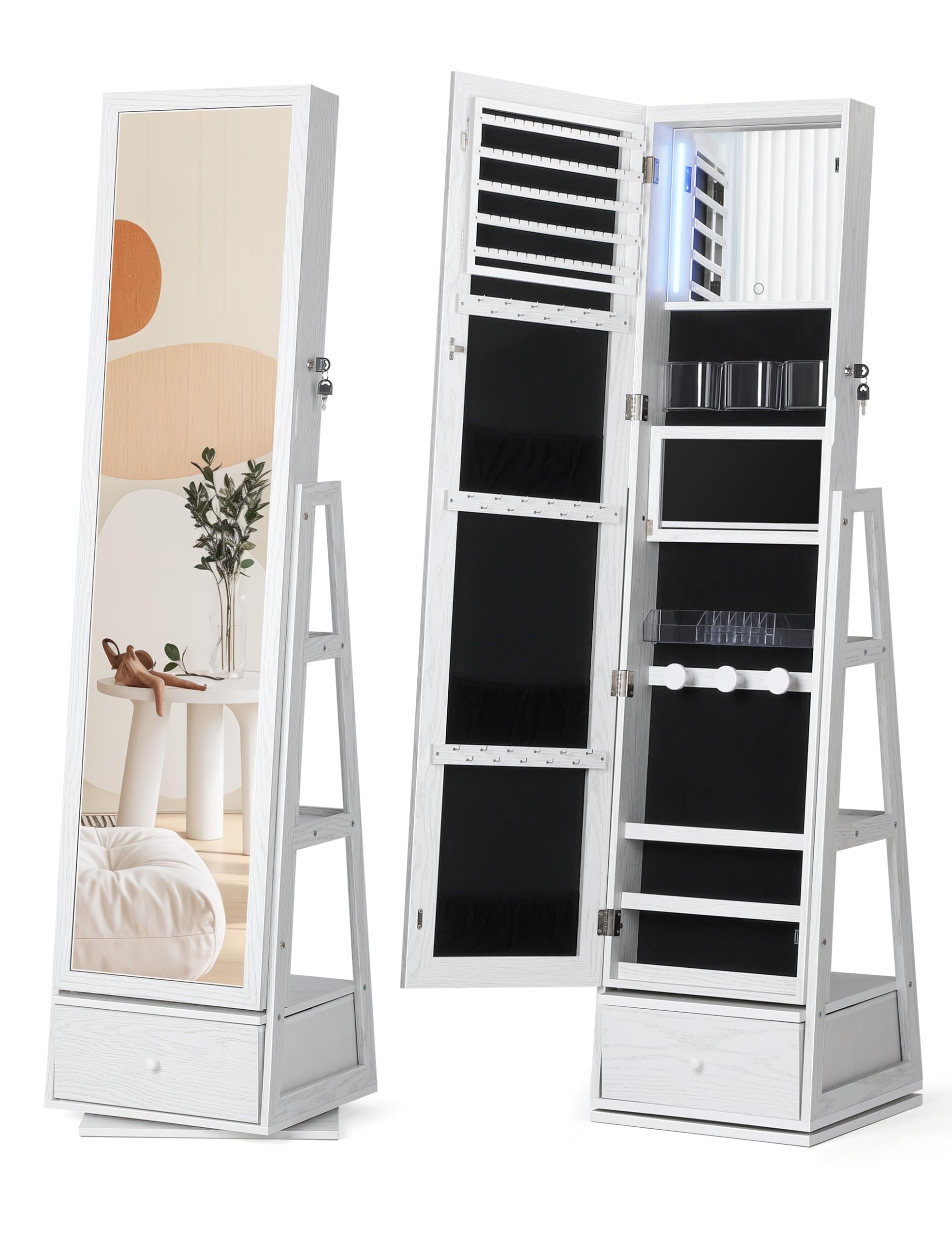 Nicetree 360° Rotating Jewelry Cabinet with Lights - Full-Length Mirror Jewelry Armoire Organizer with Touch Screen Vanity Mirror, Storage Drawers & Shelves for Necklaces, Earrings, White