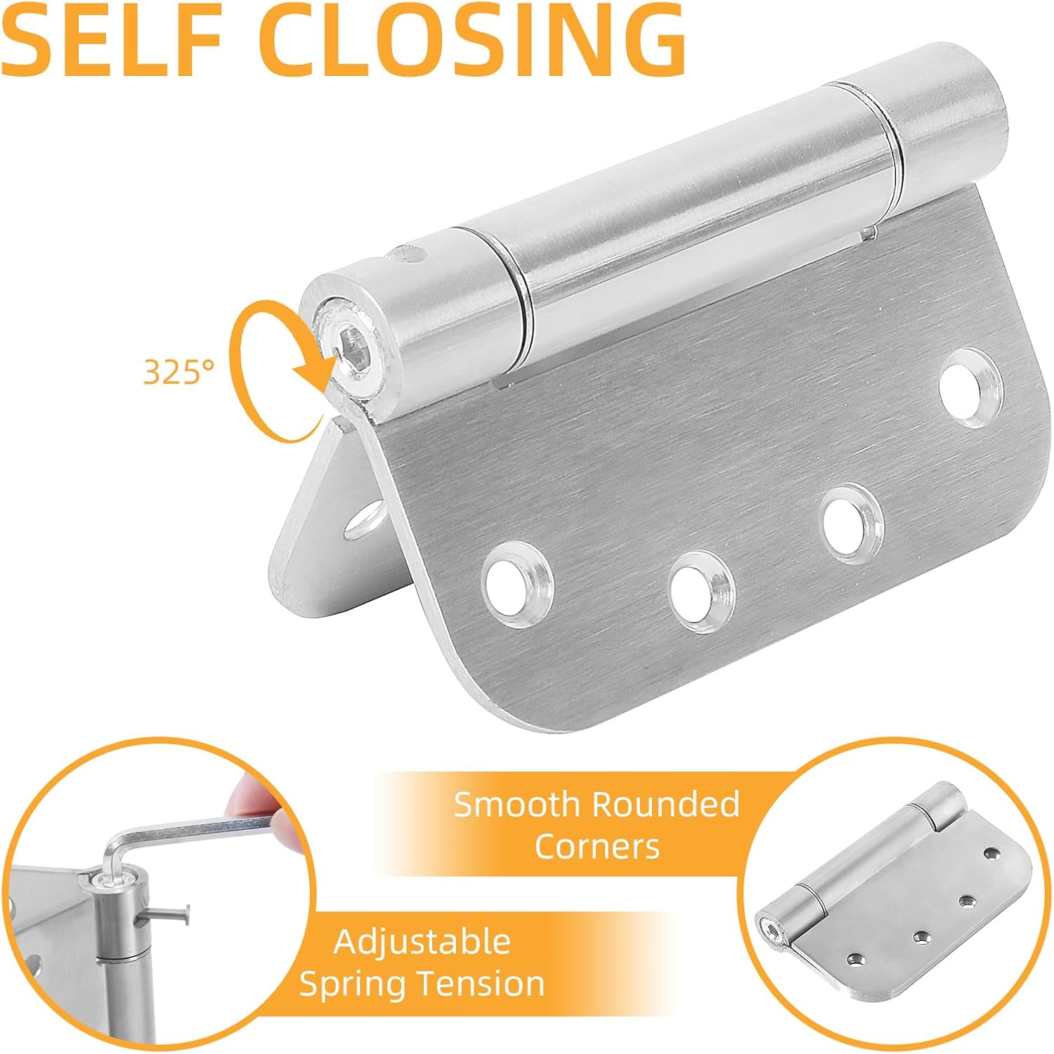 6 Pack Self-Closing Door Hinges 4 Inch, Adjustable Tension, Door Hinges 5/8" Radius Corners, Stainless Steel for Garage, Front, Back & Interior Doors, Left & Right Hand (Brushed Nickel)